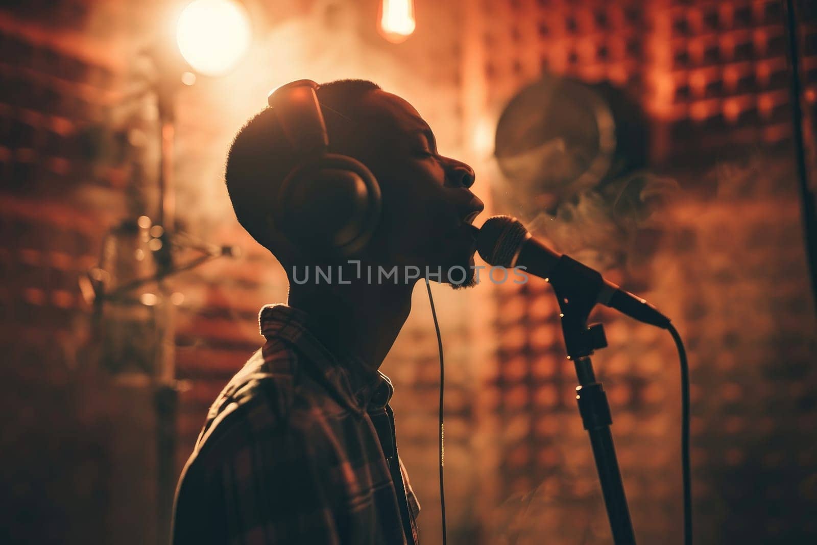 A singer wearing headphones belts out a powerful note in a soundproof vocal booth. by Chawagen