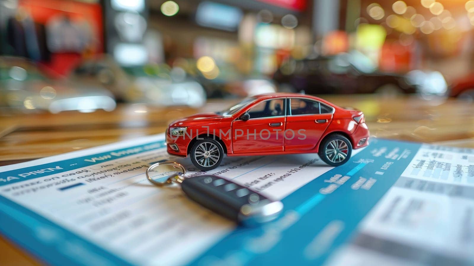 Banner car model and car key lying on the sales contract plan. by Chawagen