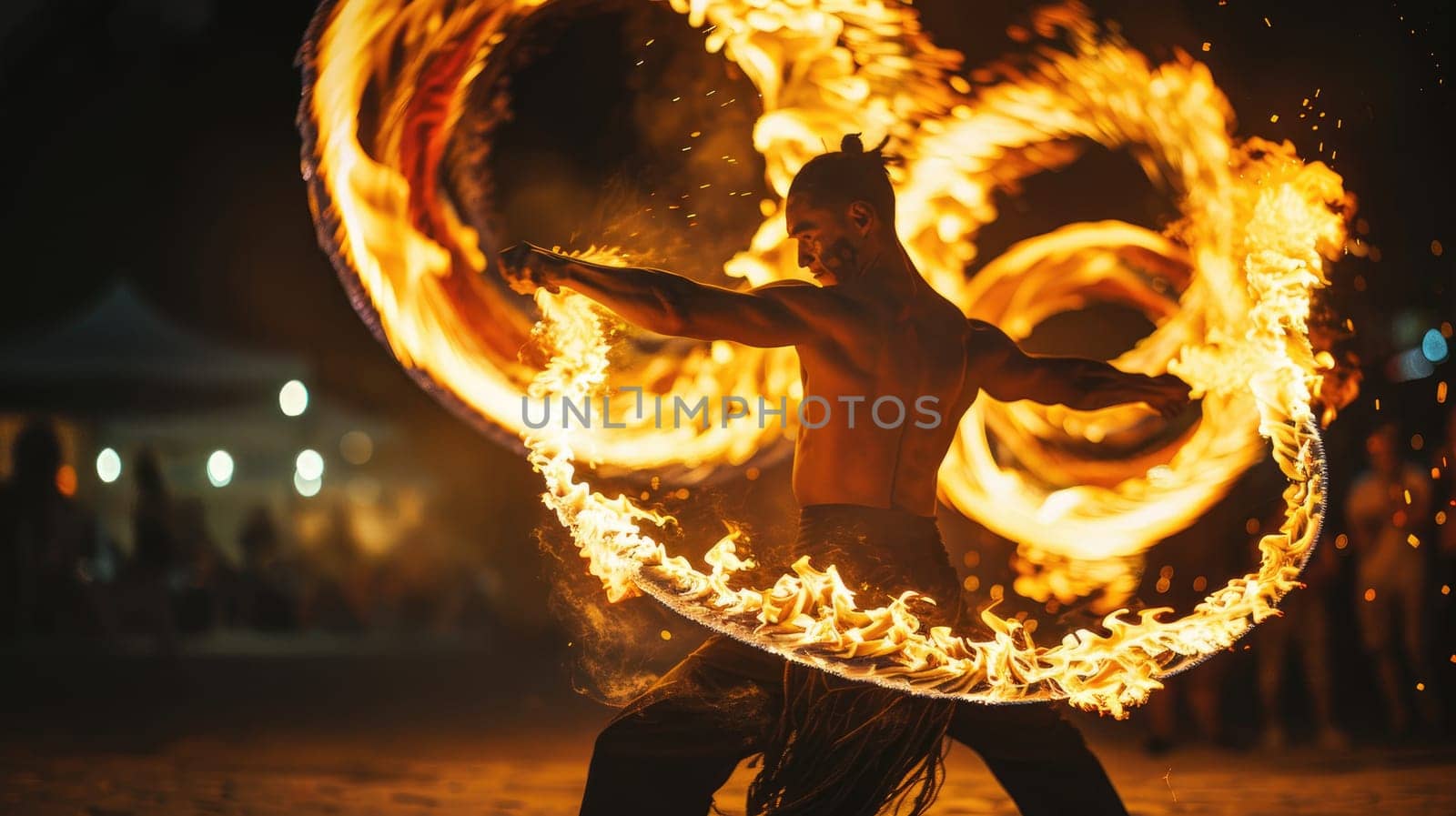 A fire dancer twirls gracefully, flames swirling around their body