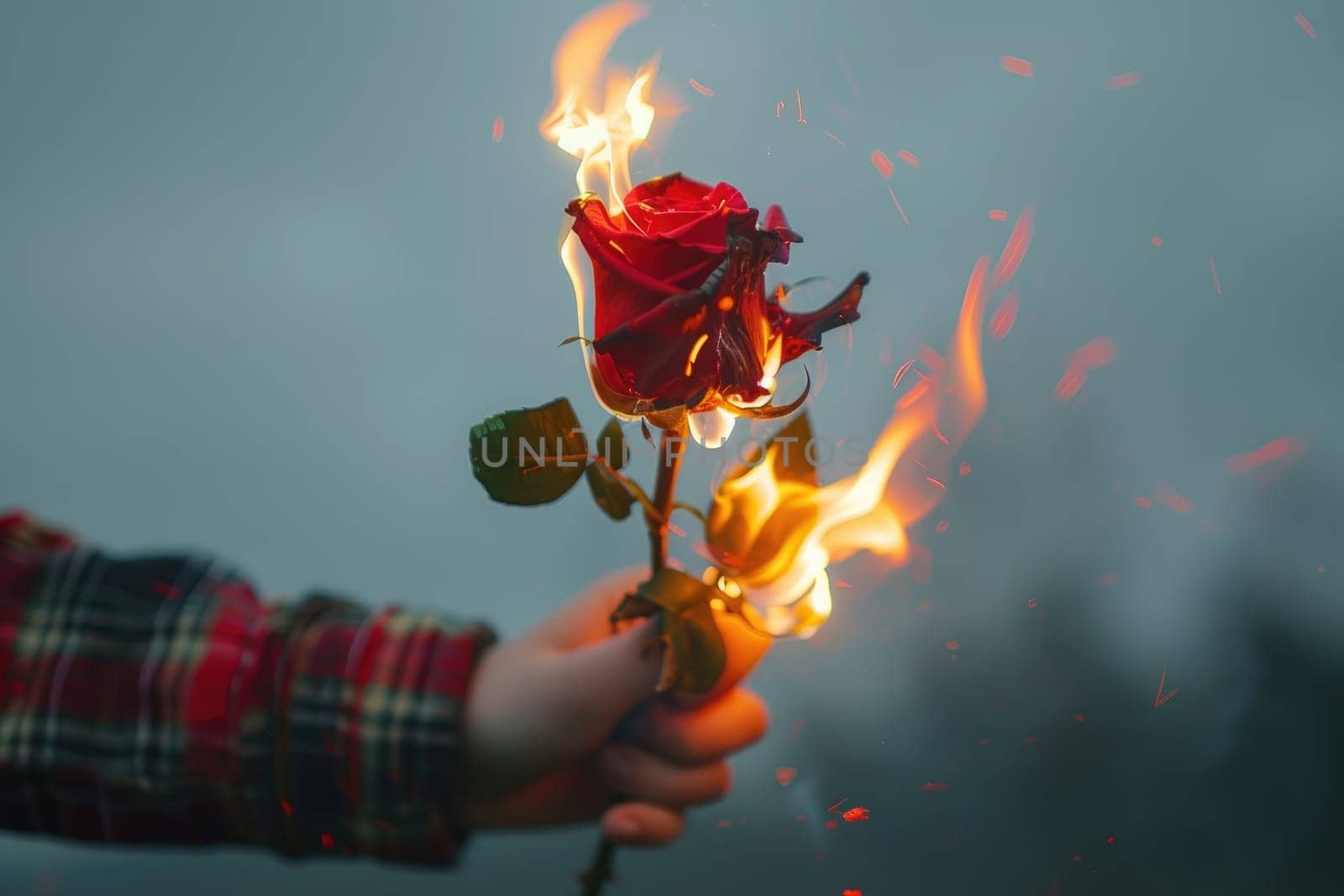 photo of Rose in from of burn on fire on left hand, minimalistic background. by Chawagen