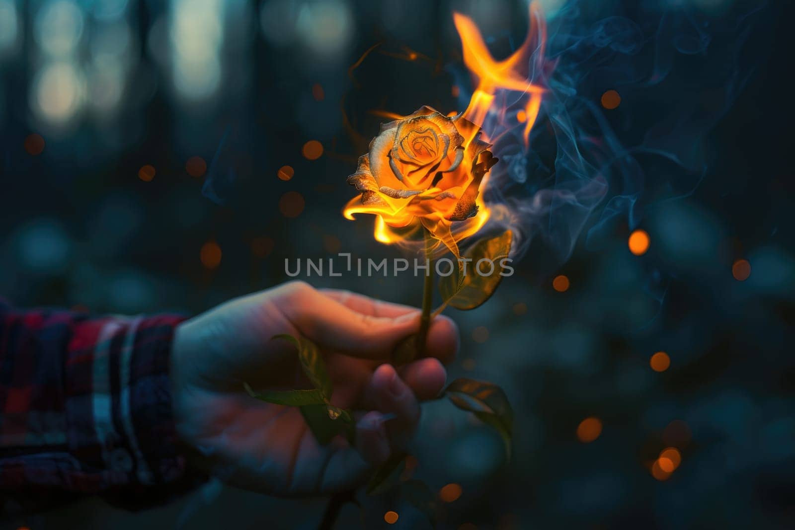 photo of Rose in from of burn on fire on left hand, minimalistic background. by Chawagen