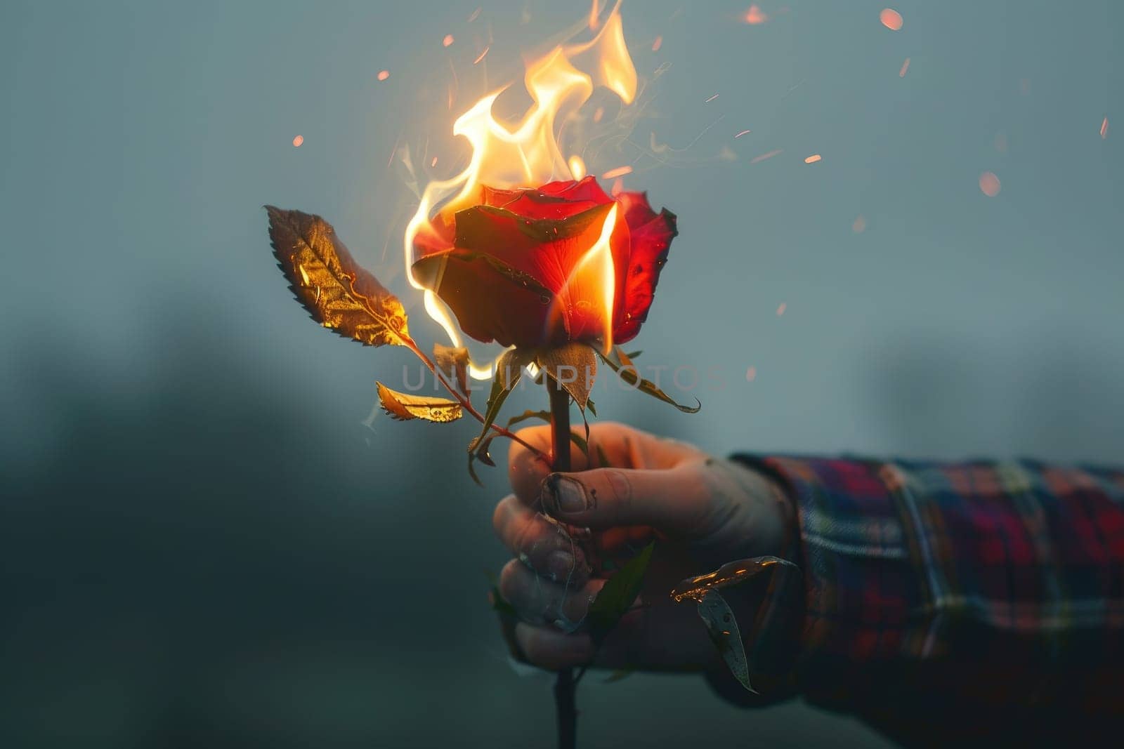 photo of Rose in from of burn on fire on left hand, minimalistic background