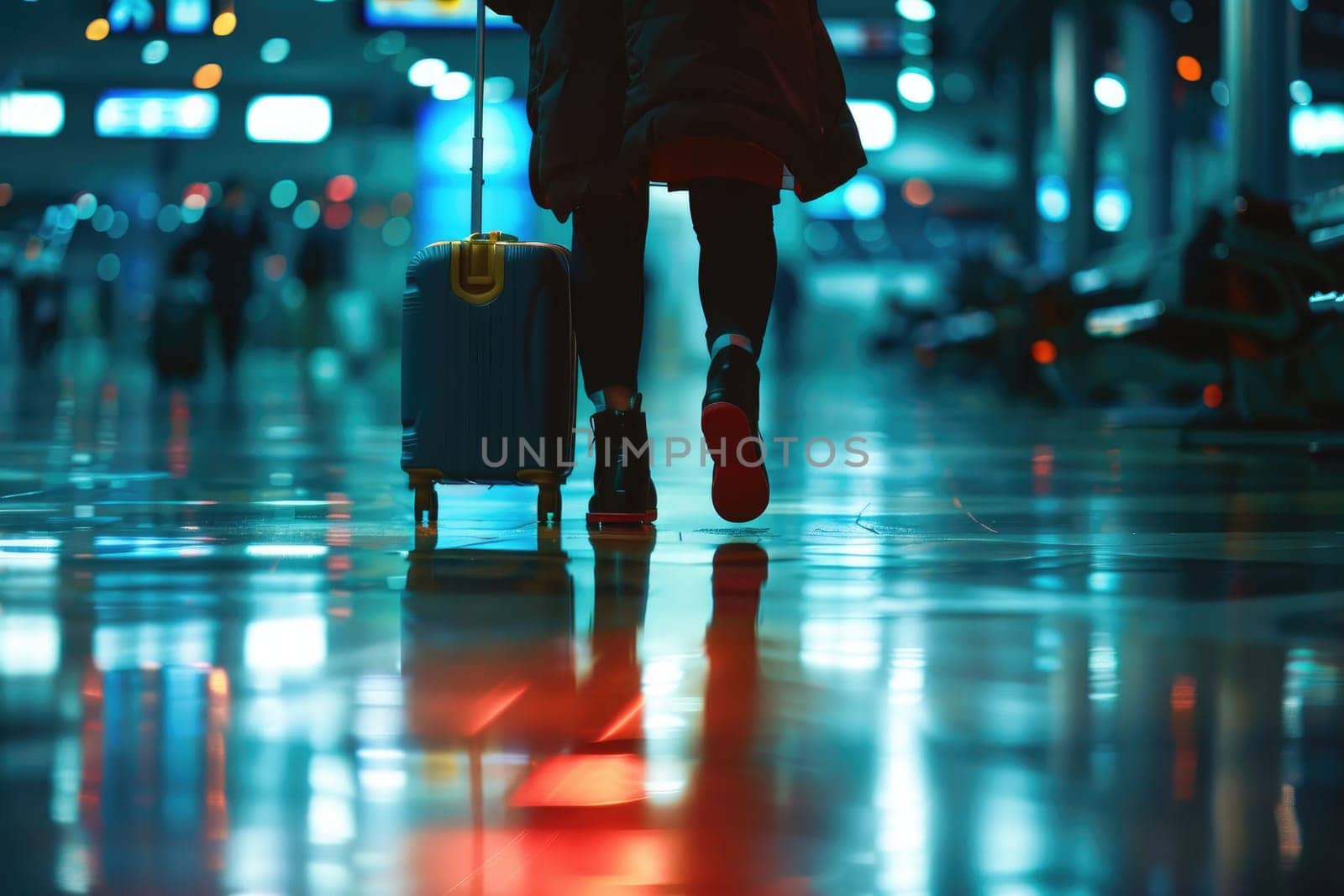 close up of people walking through an airport with luggage. by Chawagen