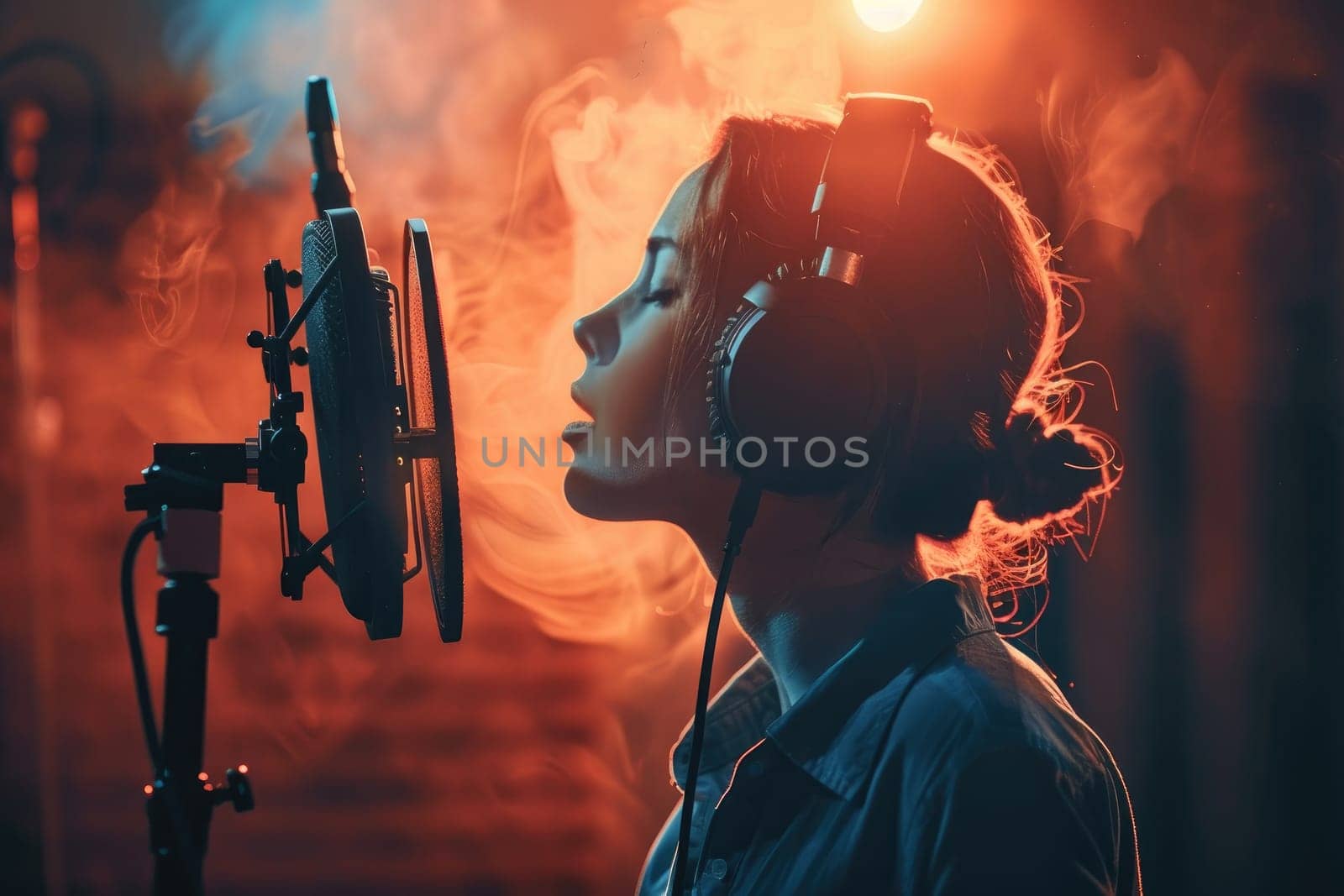 A singer wearing headphones belts out a powerful note in a soundproof vocal booth. by Chawagen