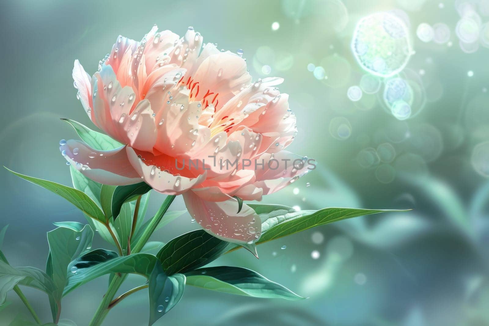 Close up view. Beautiful Peony isolated with drops of water on the petals
