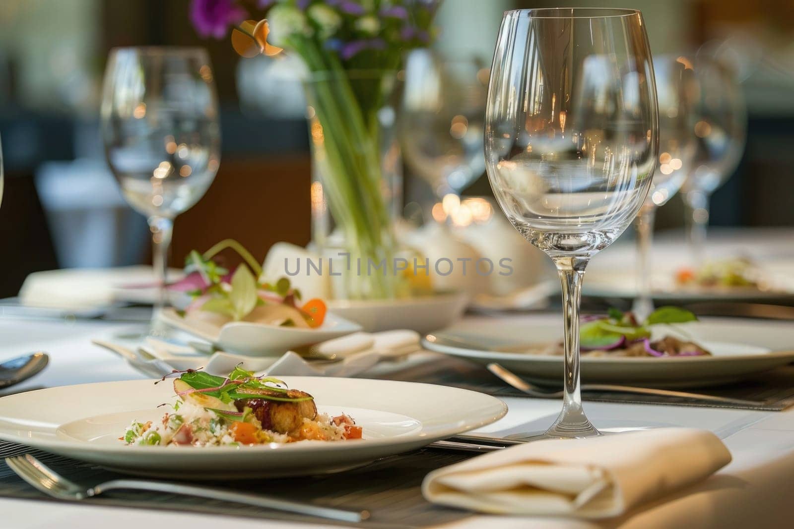 A delicious gourmet meal served on a beautifully set table. by Chawagen