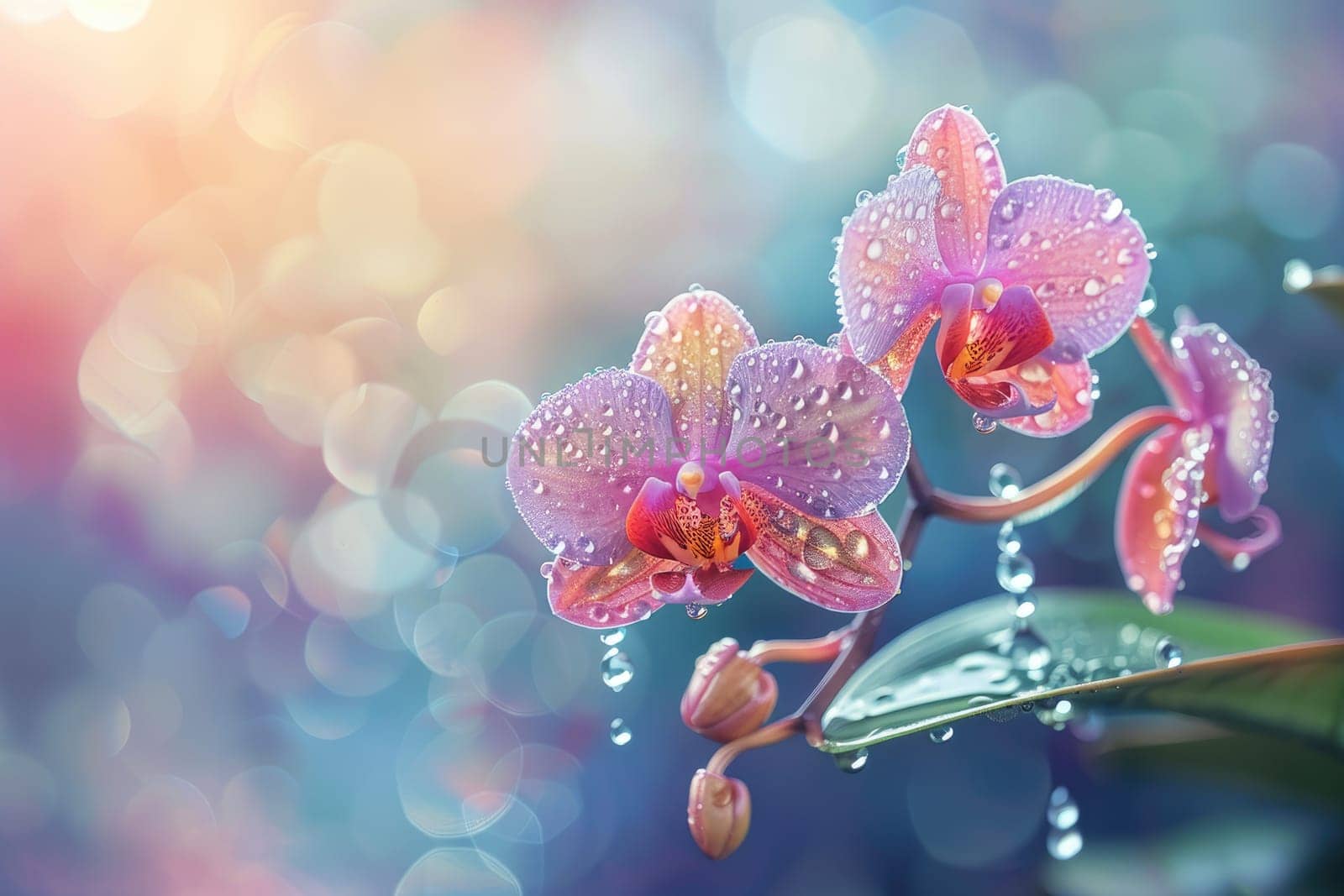 Close up view. Beautiful Orchid isolated with drops of water on the petals. by Chawagen