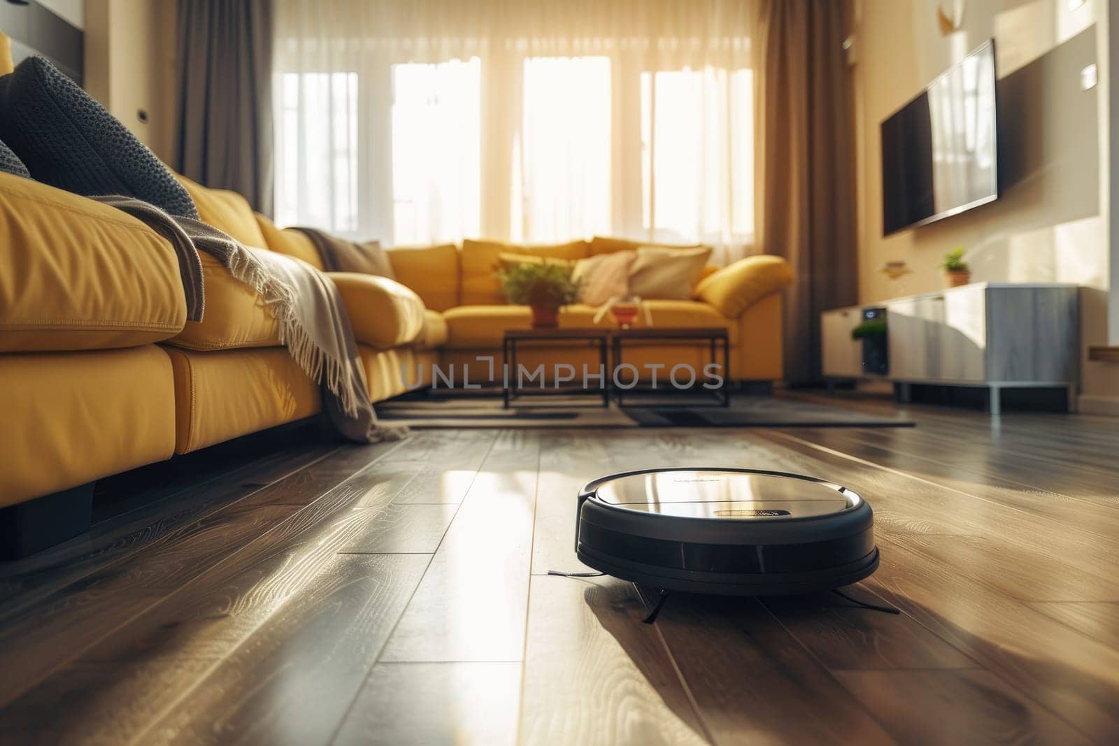 A robot vacuum cleaner navigates a clean living room floor
