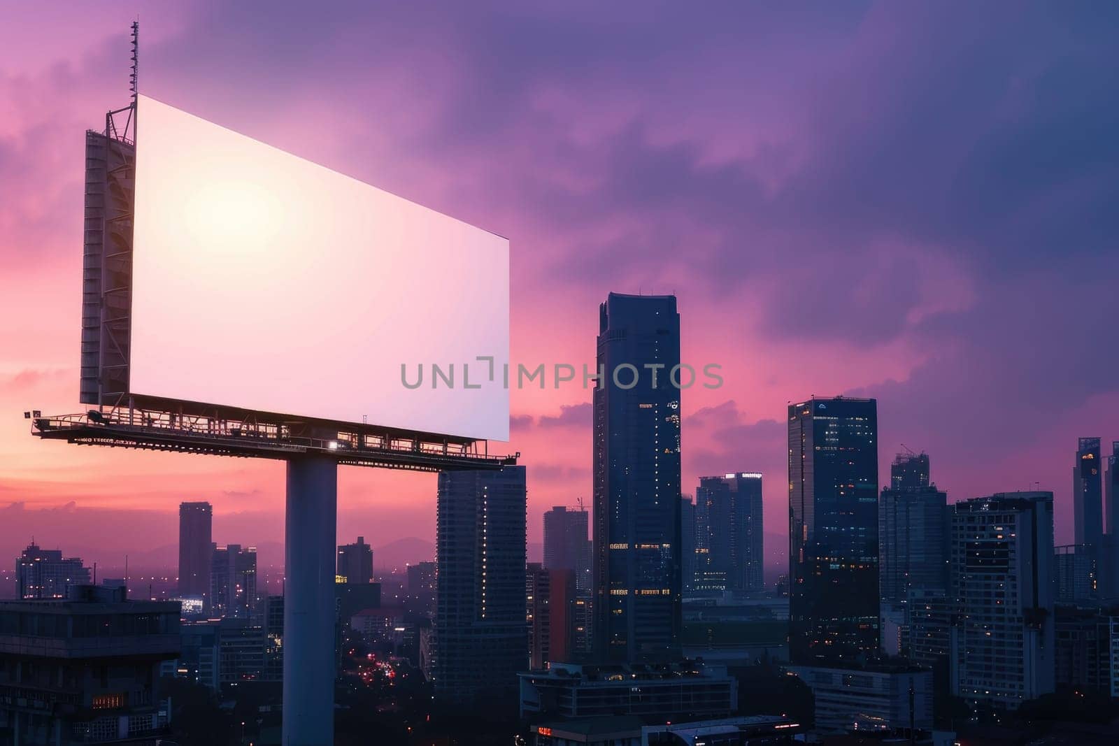 A large, pristine white billboard mounted on a sleek modern skyscraper. by Chawagen