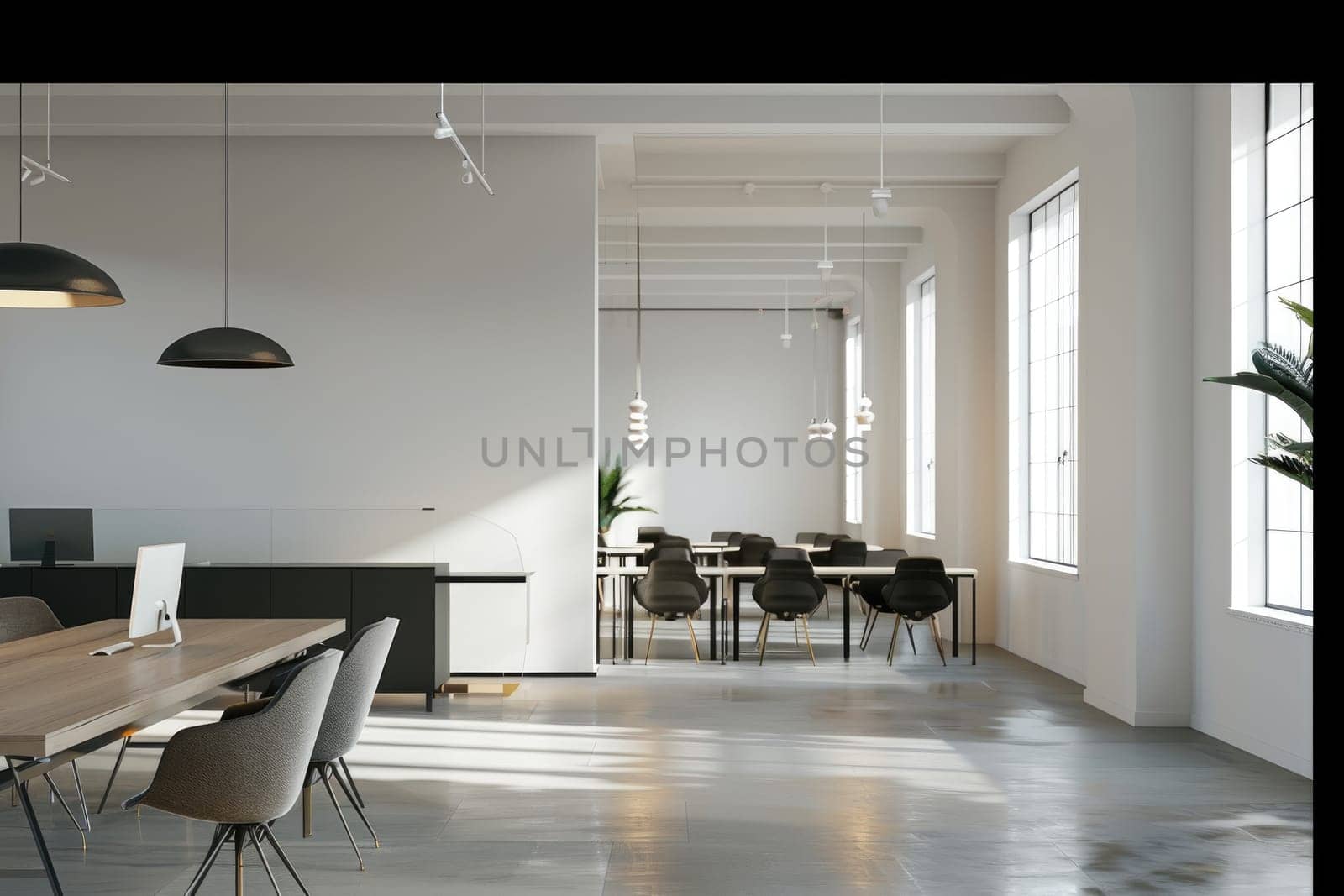 Minimalist coworking space with communal workstations. by Chawagen
