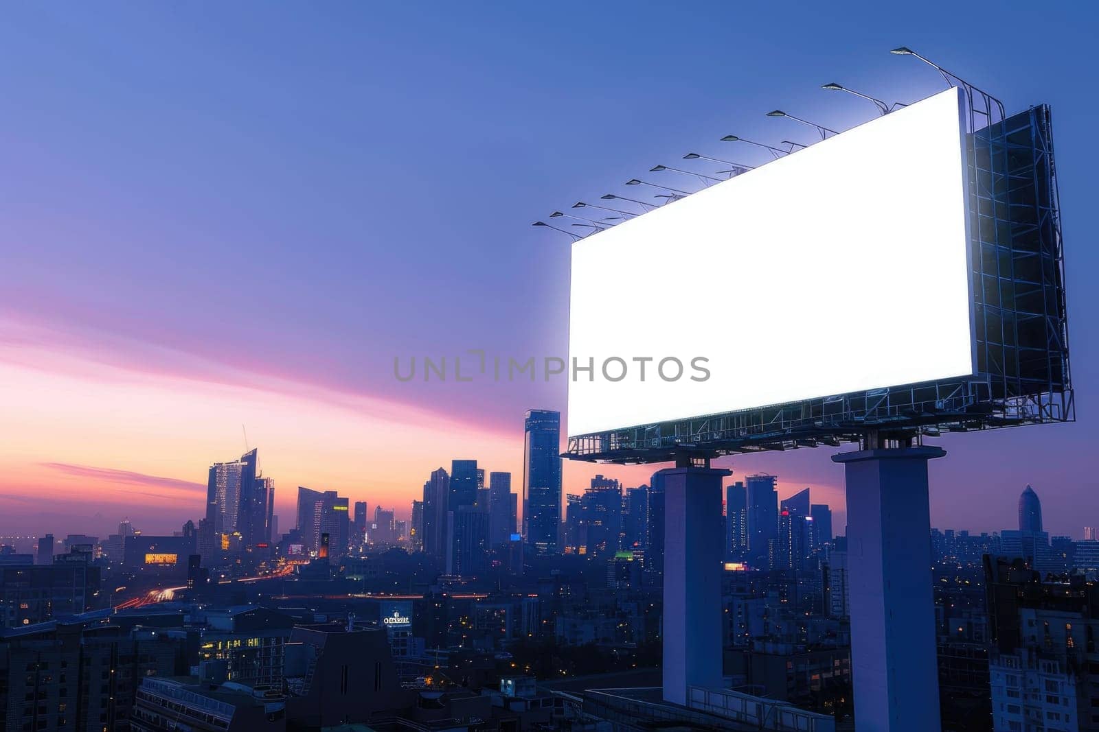 A large, pristine white billboard mounted on a sleek modern skyscraper. The first rays of dawn illuminate the city skyline behind it