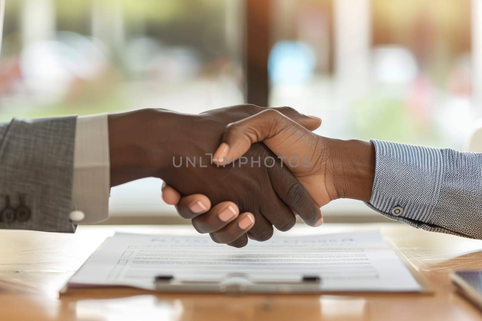 Two business partners, Asian and African American, sit a table signing a contract with a handshake. by Chawagen