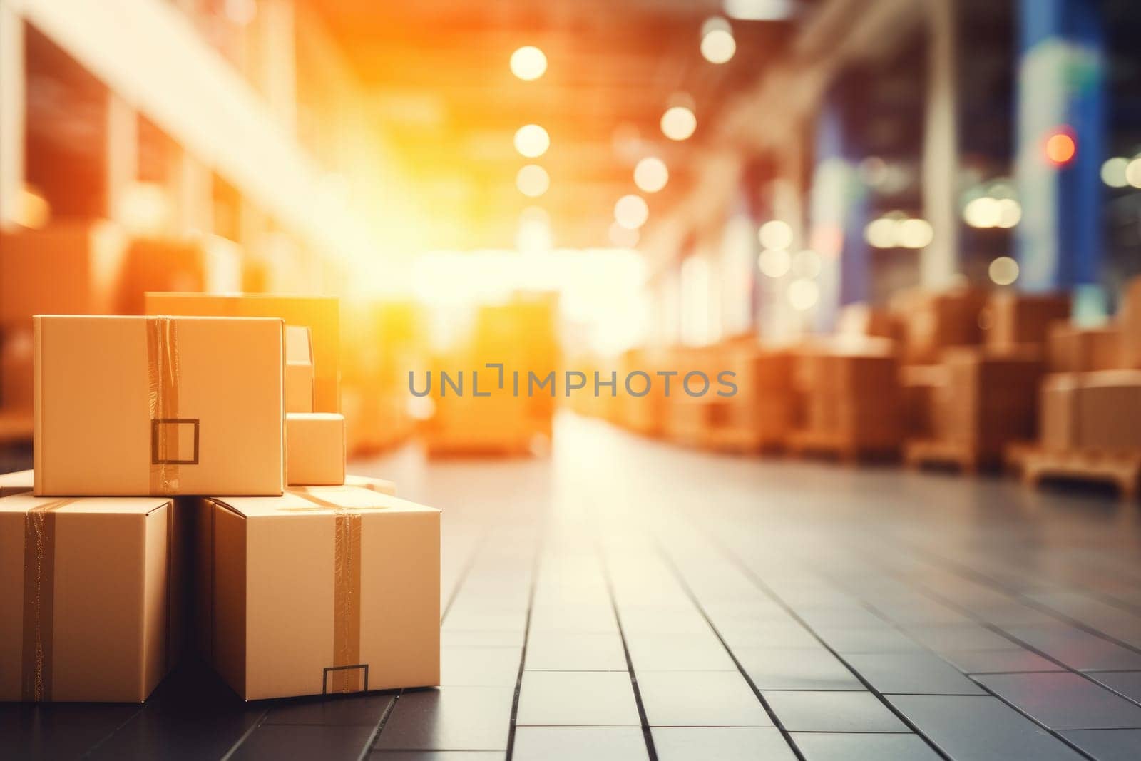 Business background Blurry warehouse on background Transporting product boxes. by Chawagen
