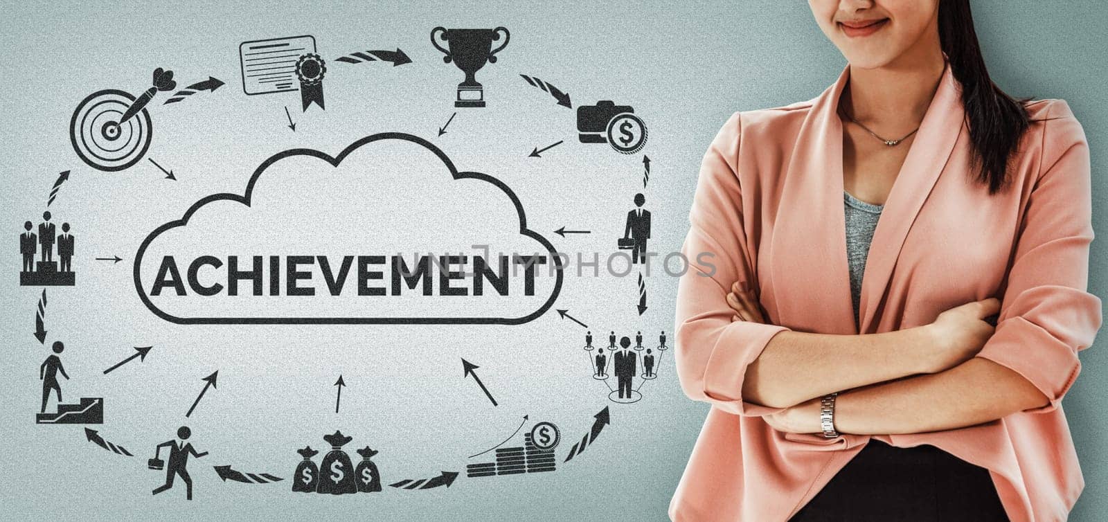 Achievement and Business Goal Success Concept - Creative business people with icon graphic interface showing employee reward giving for business success achievement. uds