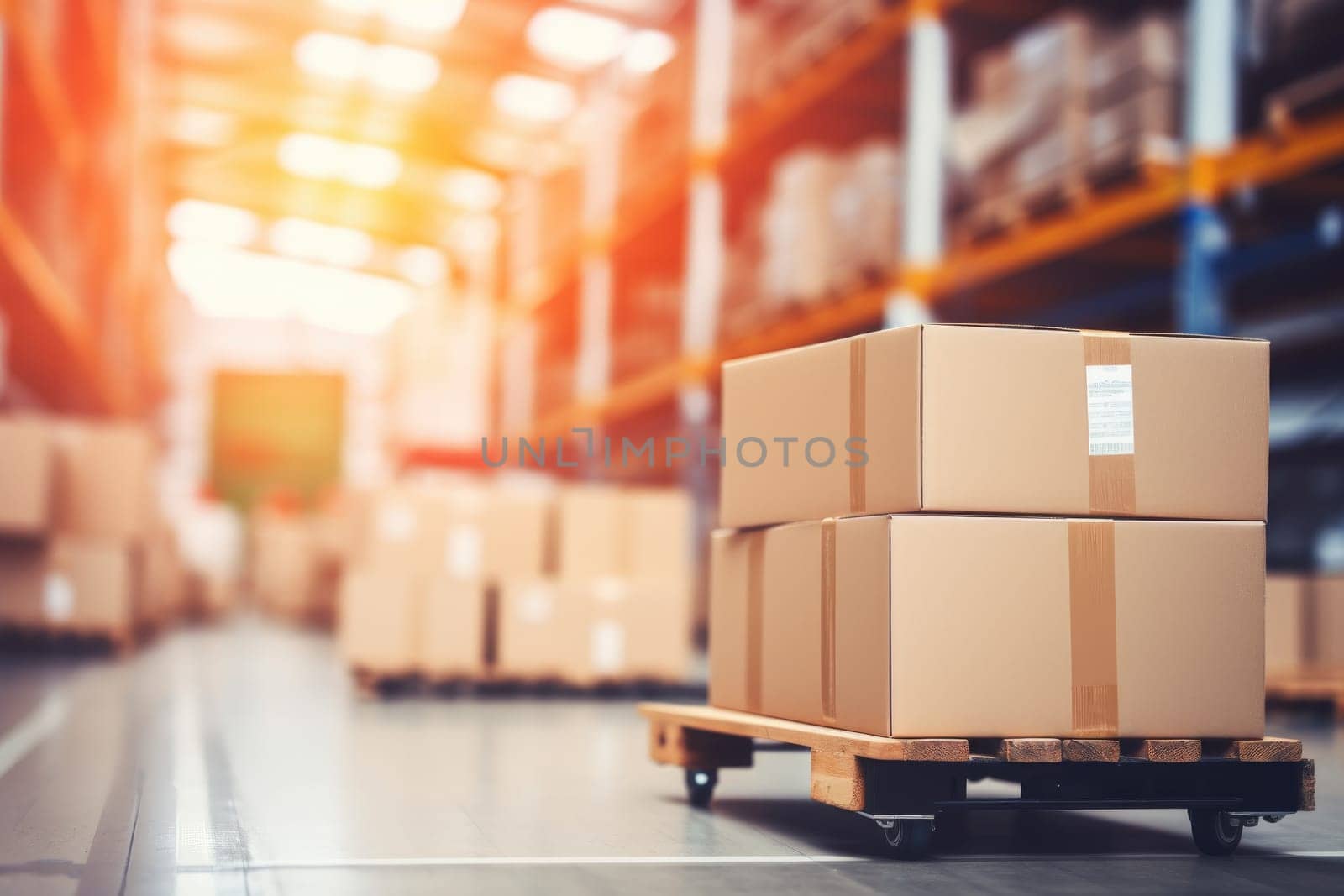 Business background Blurry warehouse on background Transporting product boxes. by Chawagen