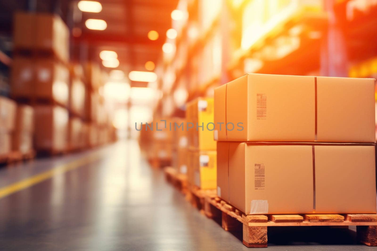 Business background Blurry warehouse on background Transporting product boxes. by Chawagen