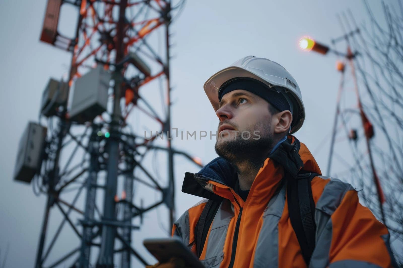 Helmeted male engineer works in the field with a telecommunication tower