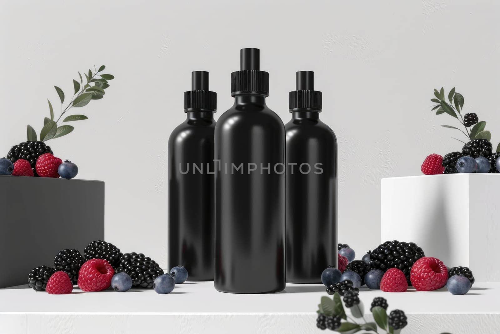 Black cosmetic Bottle package skin care cream, Beauty product poster, Concept Mix berry fruit