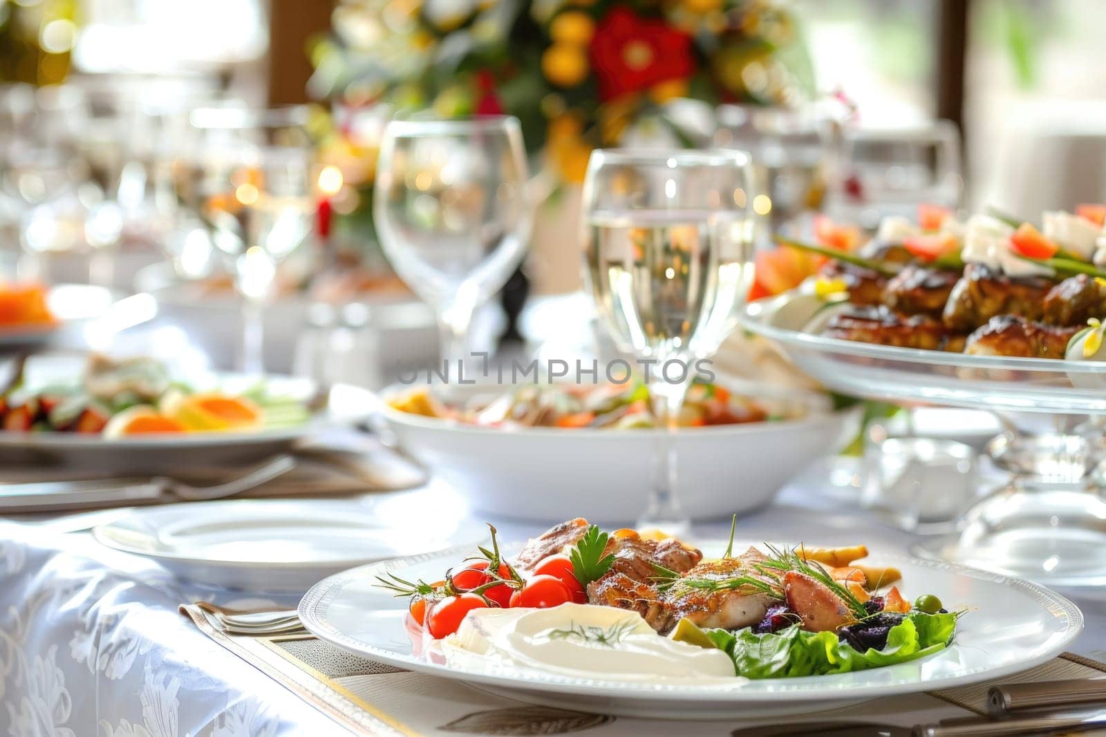 A delicious gourmet meal served on a beautifully set table. by Chawagen