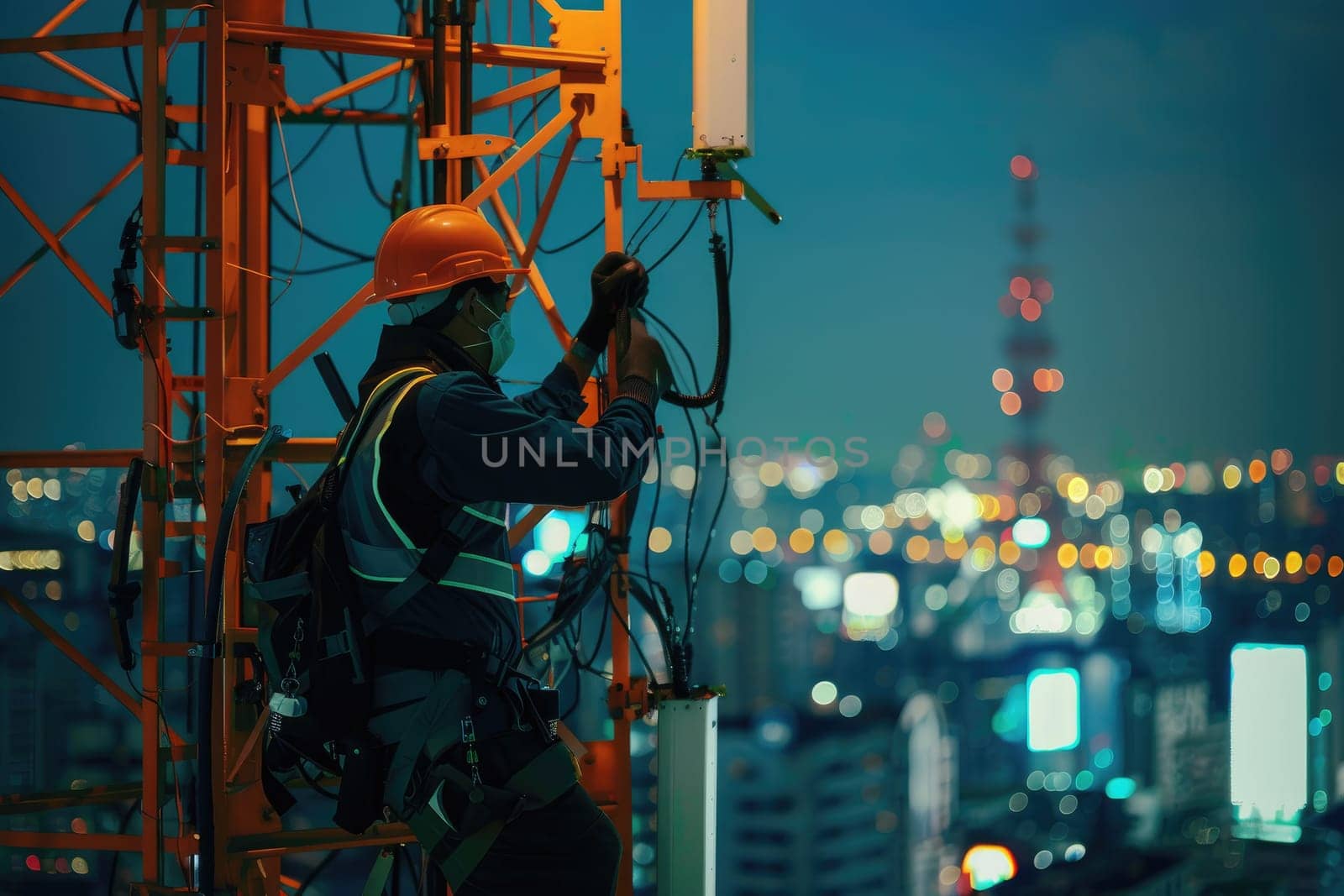 Helmeted male engineer works in the field with a telecommunication tower. by Chawagen