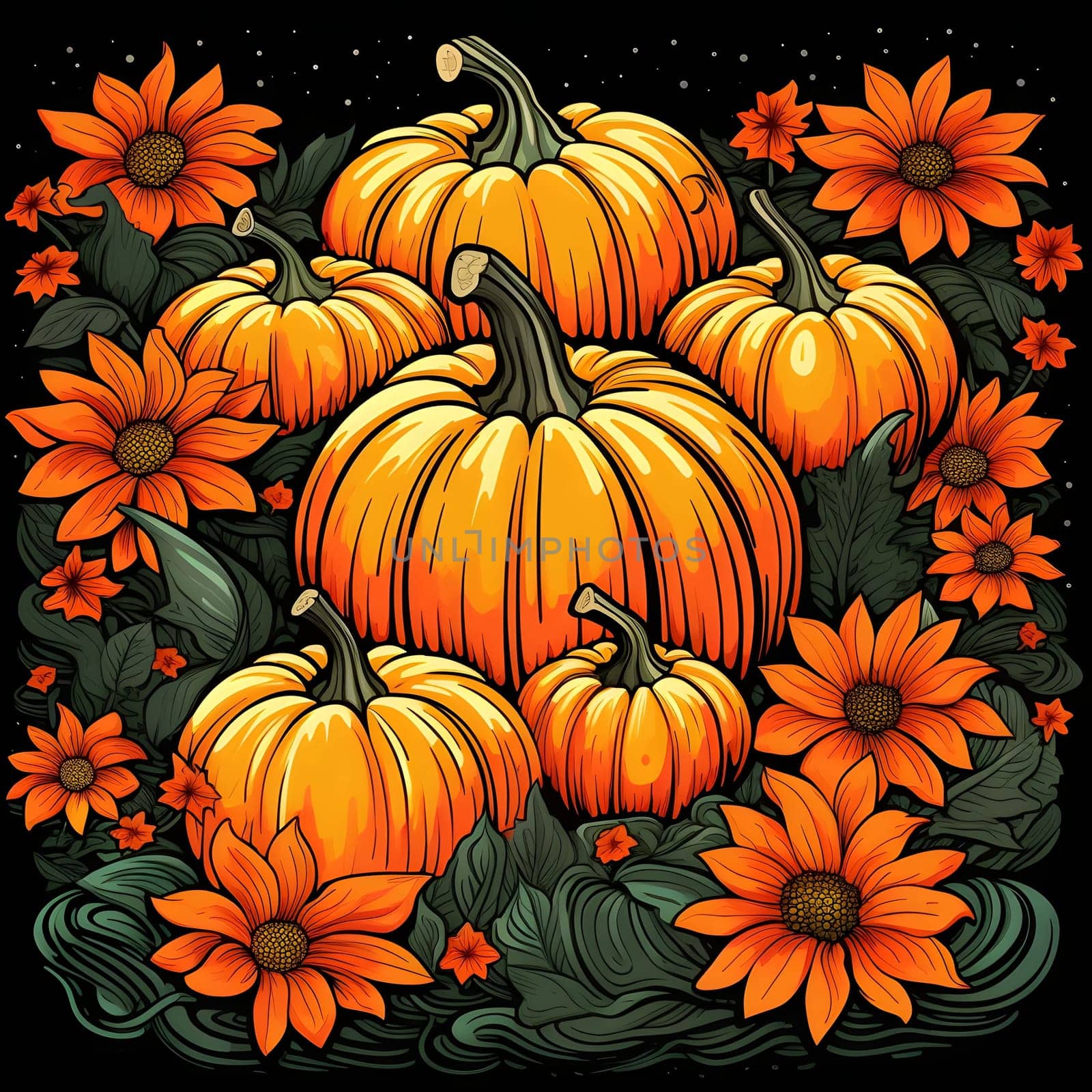 A pair of pumpkins and orange Flowers with Green Leaves on a black background illustration. Pumpkin as a dish of thanksgiving for the harvest. An atmosphere of joy and celebration.