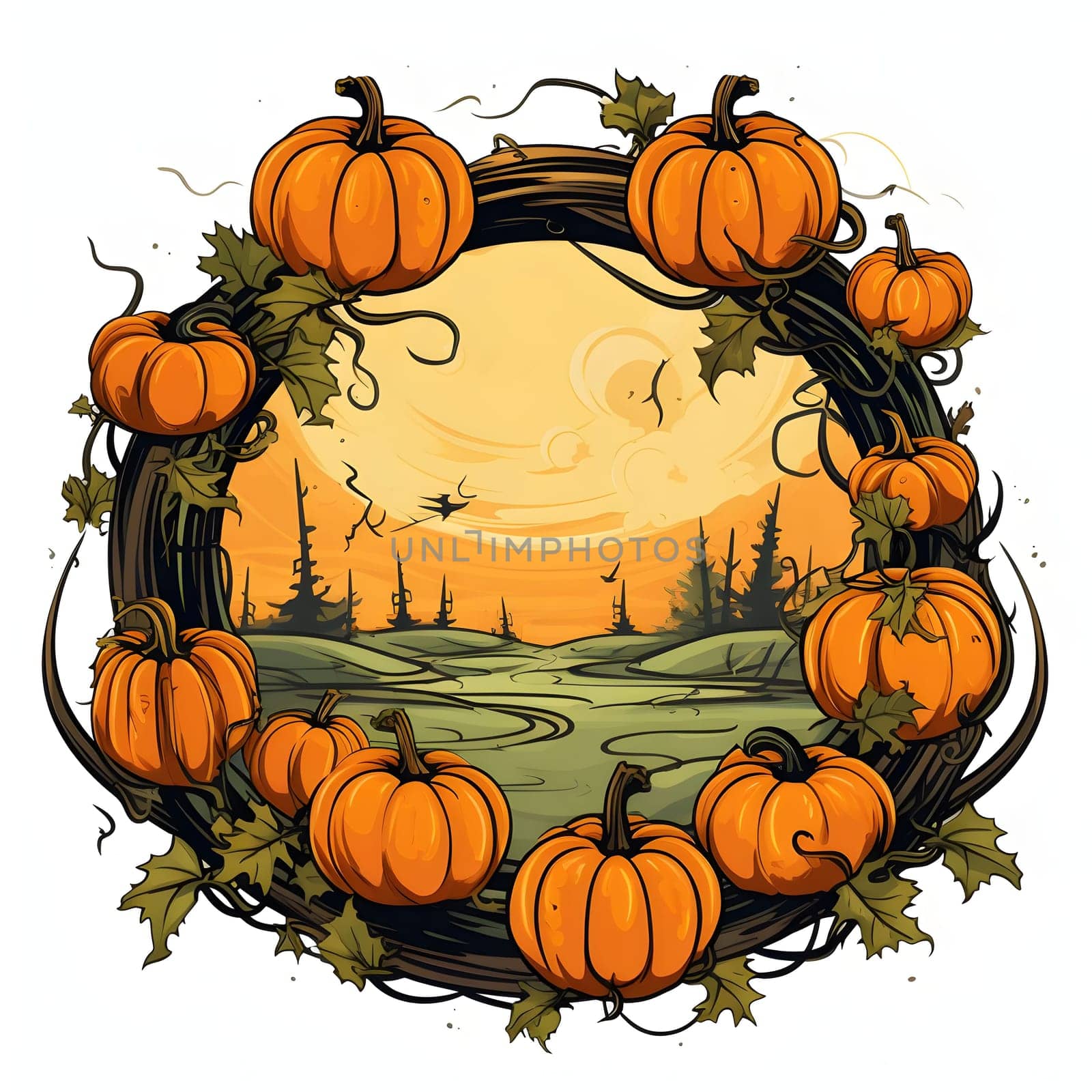 Landscape in Green frame with vines and pumpkins. Pumpkin as a dish of thanksgiving for the harvest, picture on a white isolated background. Atmosphere of joy and celebration.