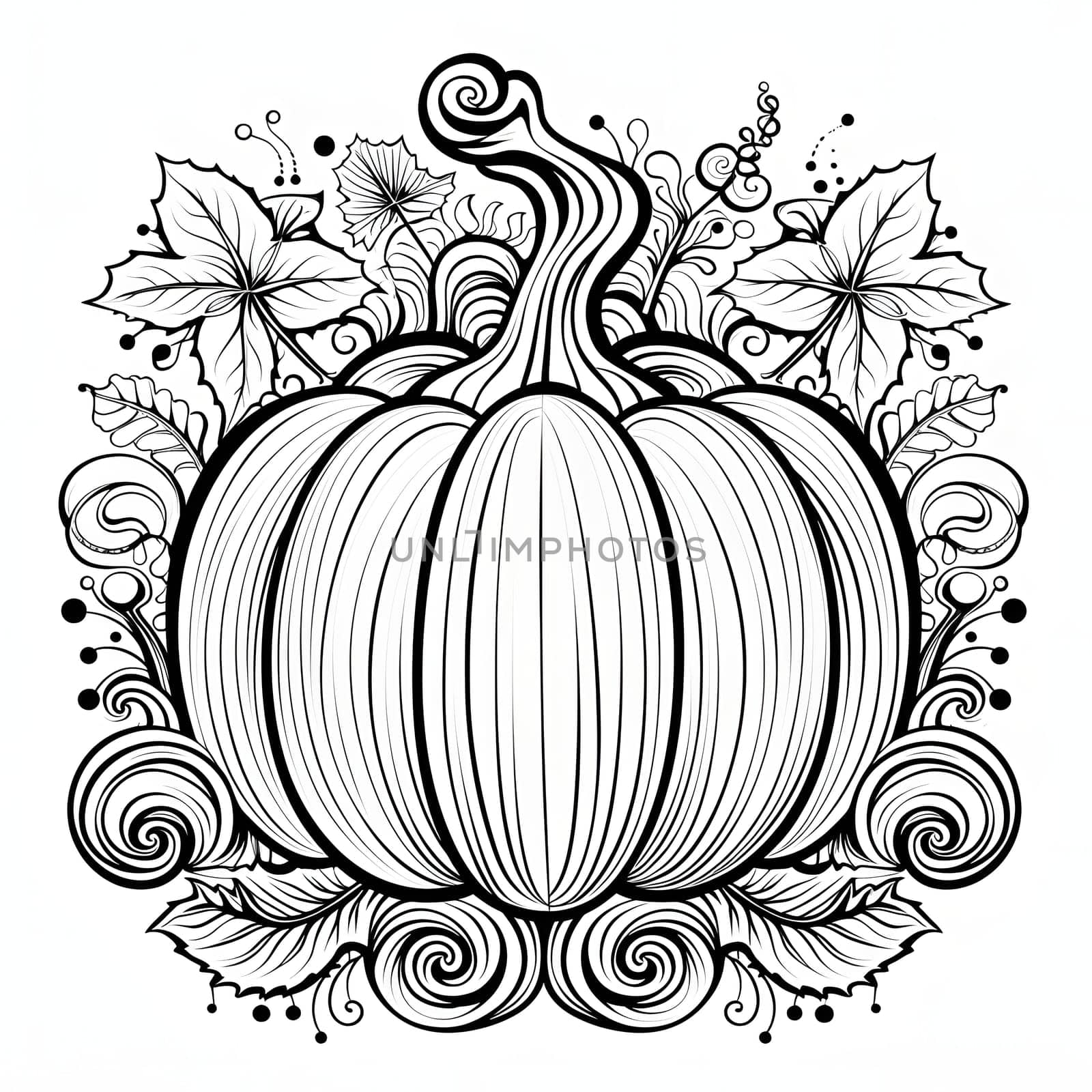 Black and white pumpkin with flowers and decorations around, coloring book. Pumpkin as a dish of thanksgiving for the harvest, picture on a white isolated background. by ThemesS