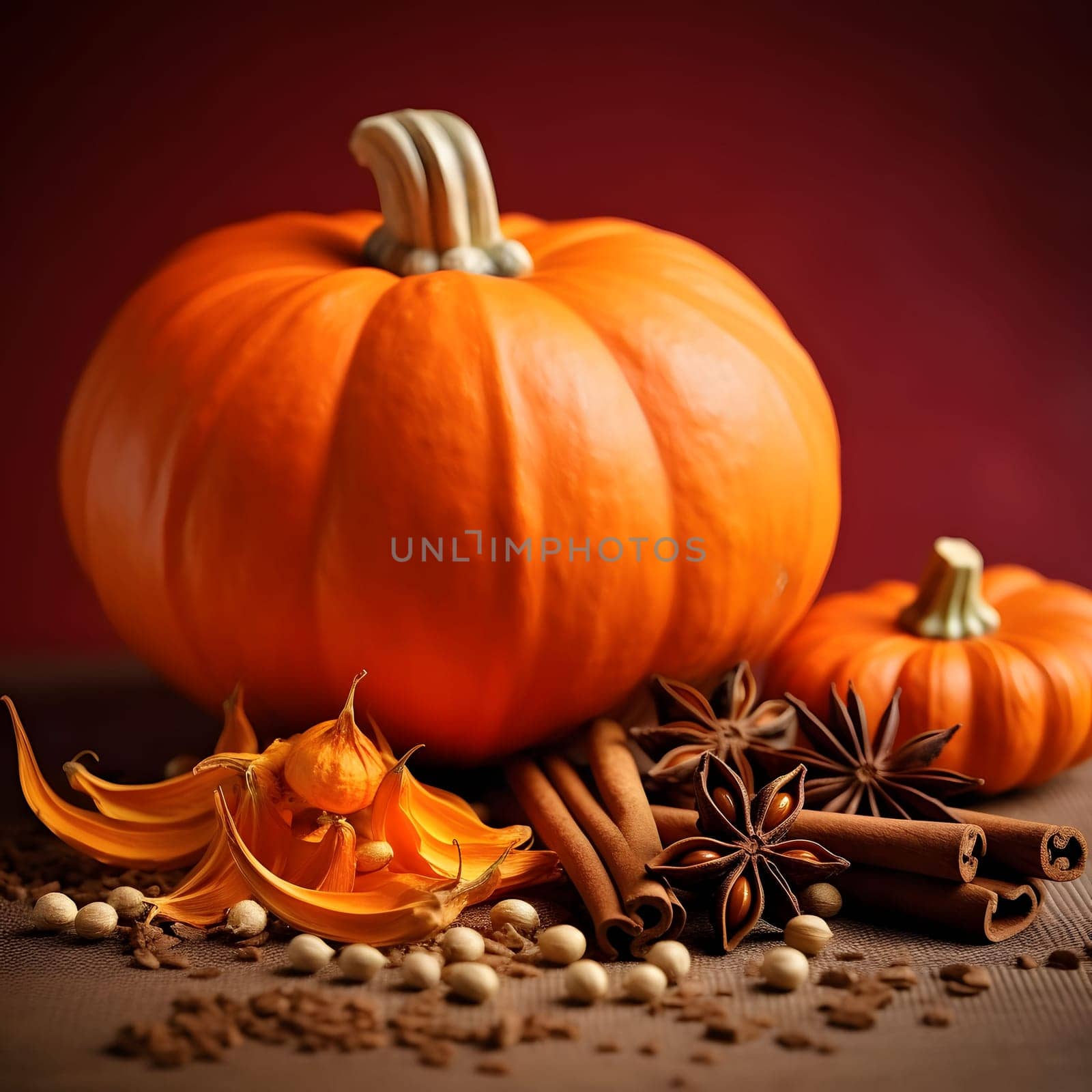 Elegantly arranged pumpkins. Around pumpkin scrapings on a dark background. Pumpkin as a dish of thanksgiving for the harvest. An atmosphere of joy and celebration.