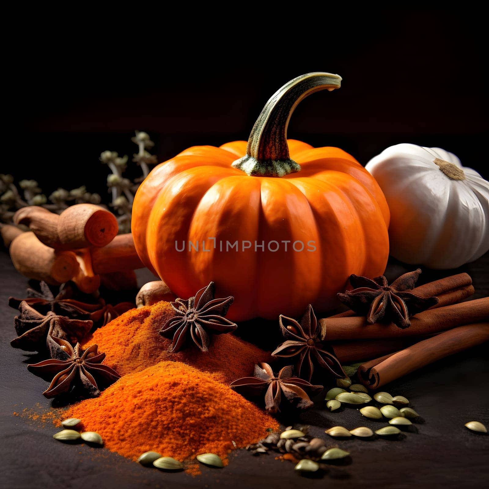Two pumpkins, one white, one orange all around, pumpkin sprinkles and stars and seeds. Black background. Pumpkin as a dish of thanksgiving for the harvest. by ThemesS
