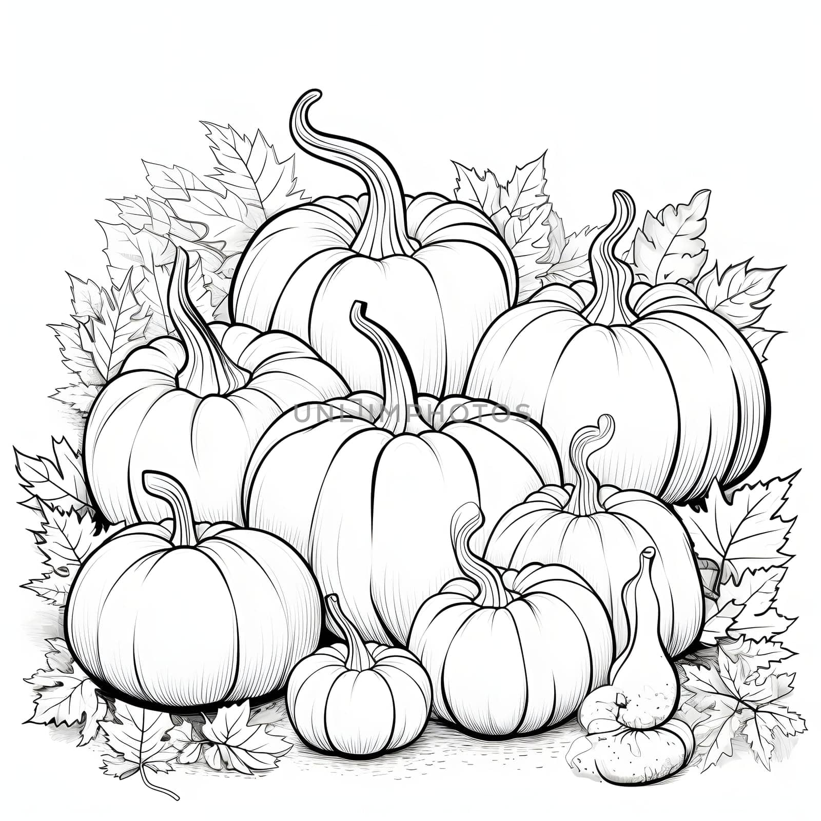 Black and white coloring book, a dozen pumpkins and leaves. Pumpkin as a dish of thanksgiving for the harvest, picture on a white isolated background. by ThemesS