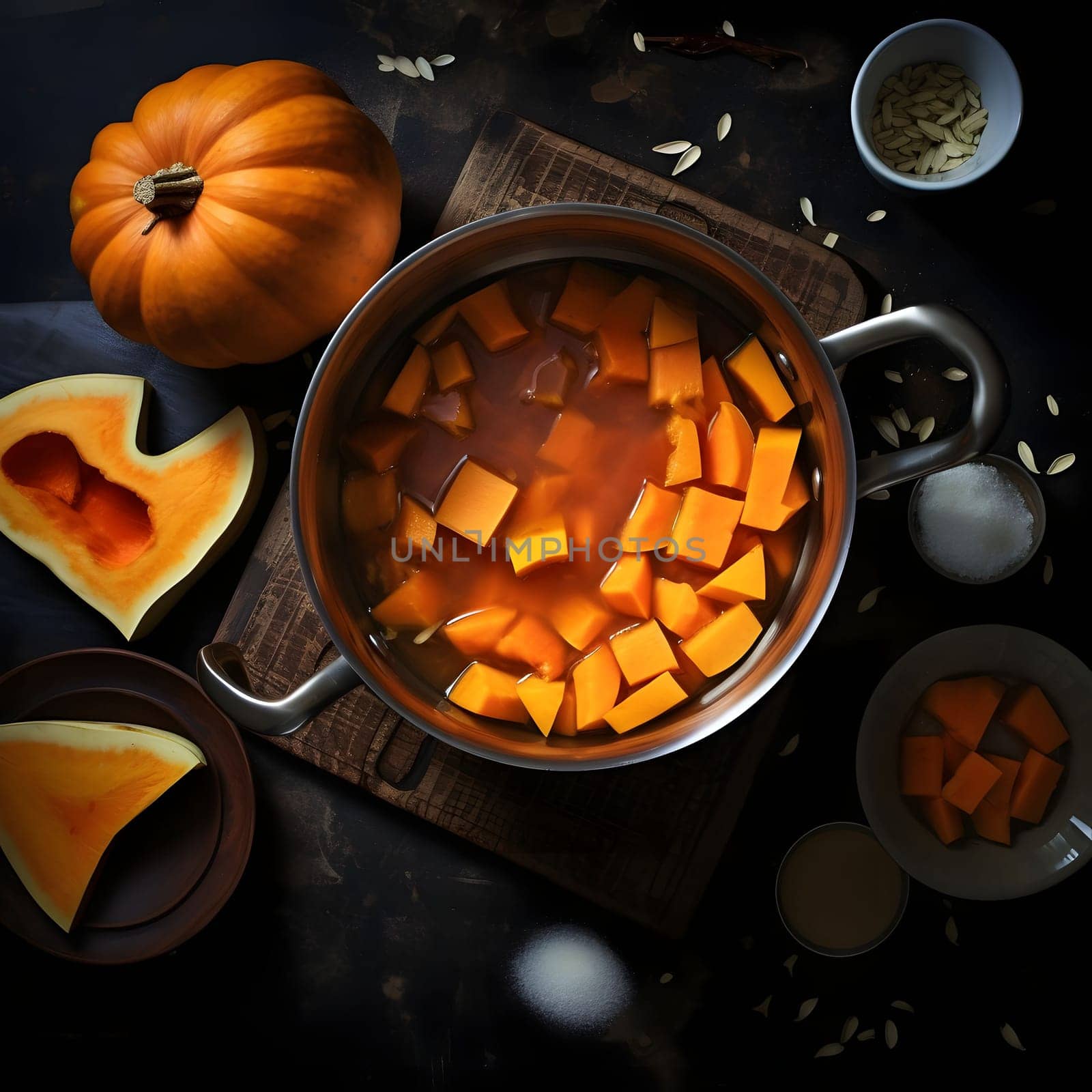 Top view of pumpkin soup around seeds and pumpkins dark background. Pumpkin as a dish of thanksgiving for the harvest. by ThemesS