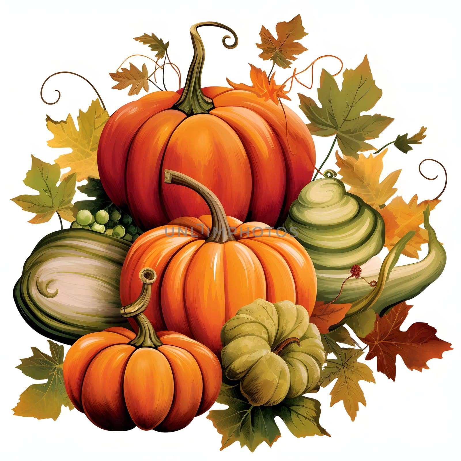 Illustration of pumpkins and autumn leaves. Pumpkin as a dish of thanksgiving for the harvest, picture on a white isolated background. Atmosphere of joy and celebration.