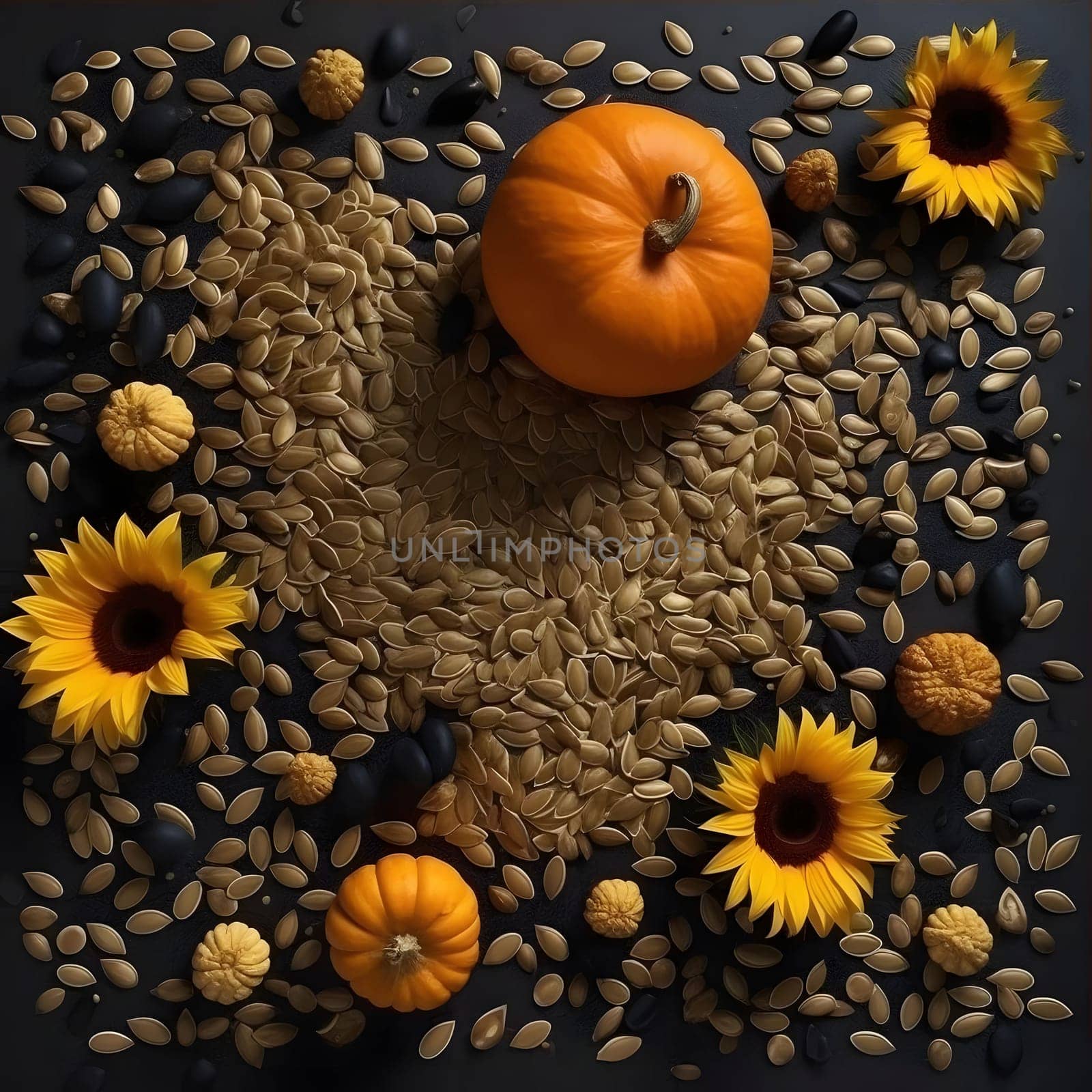 An aerial view of scattered pumpkin seeds and sunflowers and two pumpkins. Pumpkin as a dish of thanksgiving for the harvest. An atmosphere of joy and celebration.