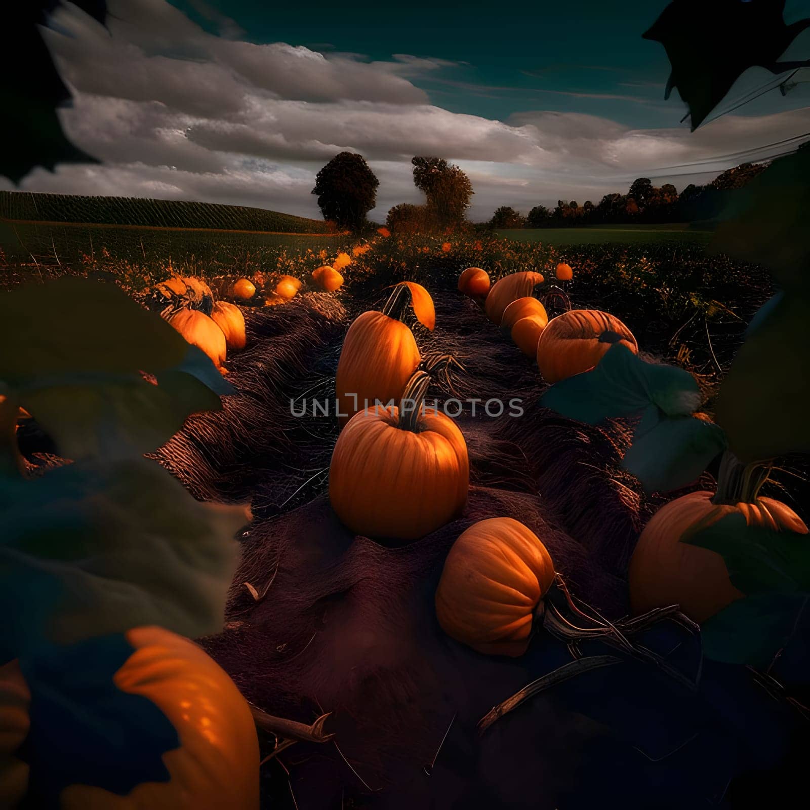 Pumpkin field at dusk. Pumpkin as a dish of thanksgiving for the harvest. An atmosphere of joy and celebration.