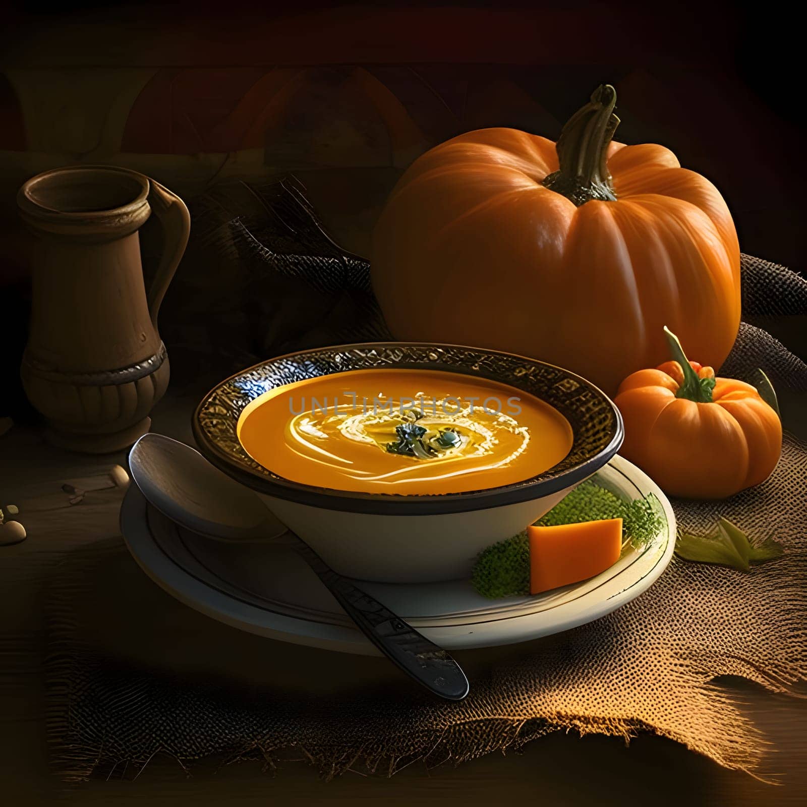 Pumpkin soup in a bowl, with pumpkins and fabric all around. Pumpkin as a dish of thanksgiving for the harvest. by ThemesS