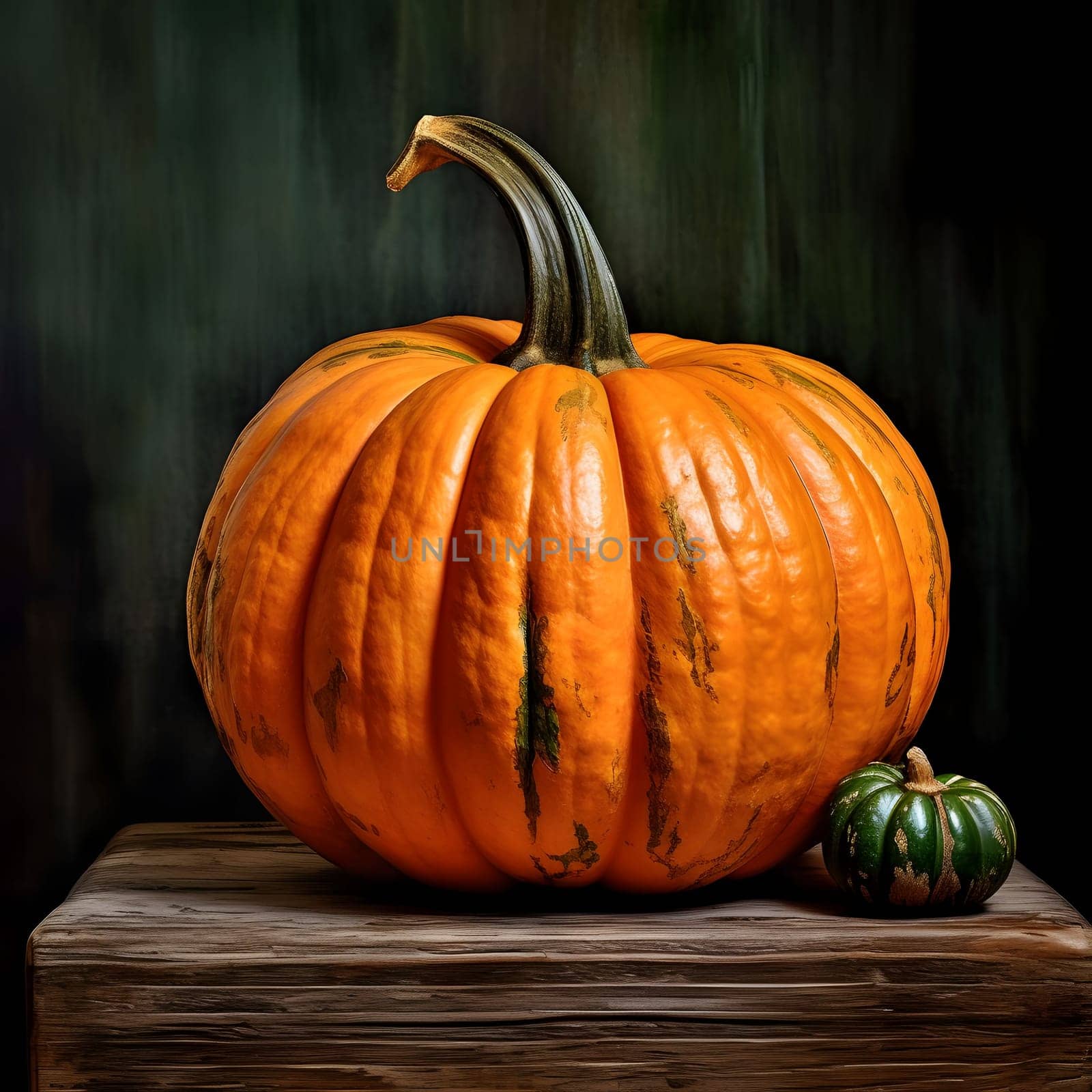A giant orange pumpkin and a tiny dark green one on a wooden tabletop and wooden background. Pumpkin as a dish of thanksgiving for the harvest. An atmosphere of joy and celebration.