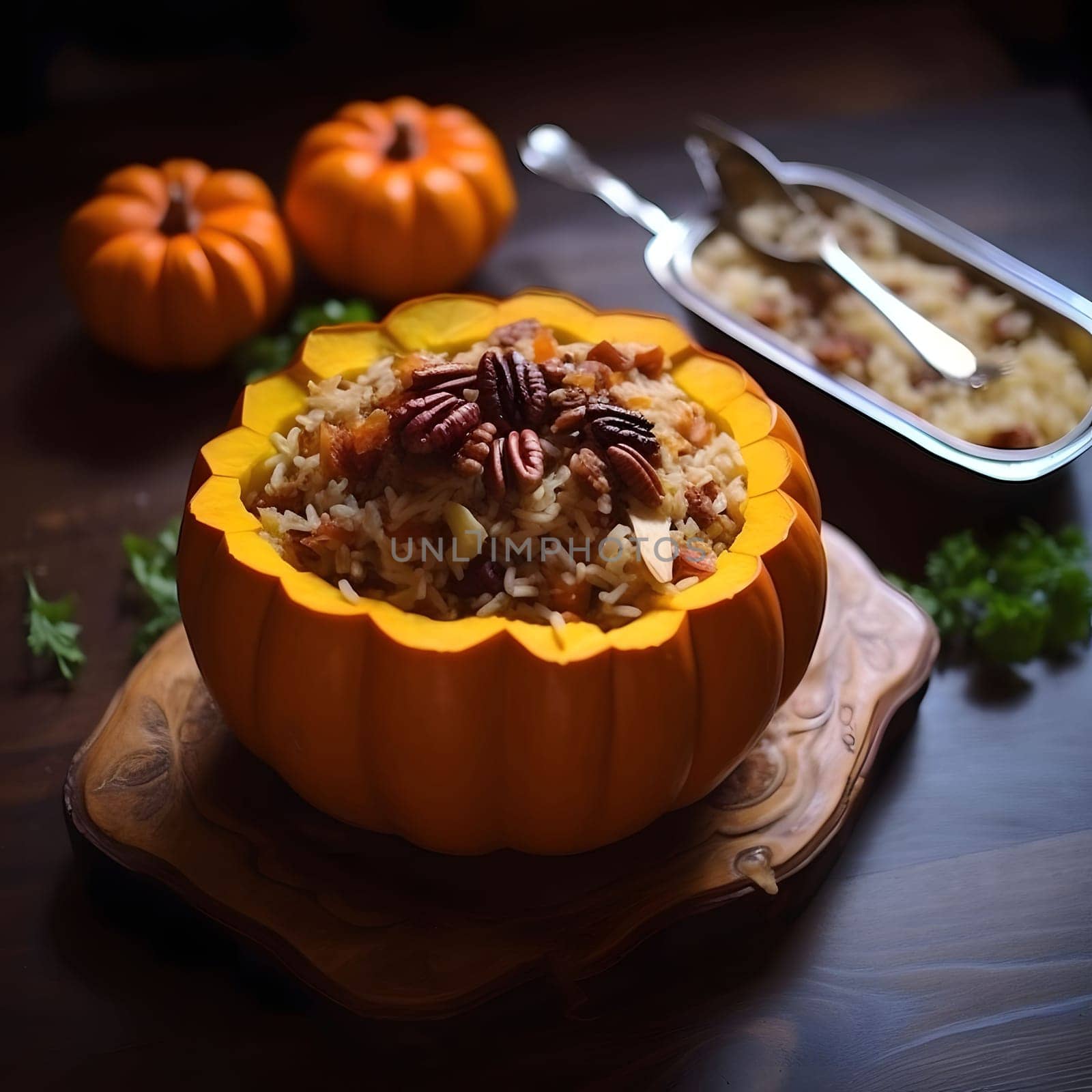 Stuffed pumpkin. Pumpkin as a dish of thanksgiving for the harvest, picture on a white isolated background. Atmosphere of joy and celebration.