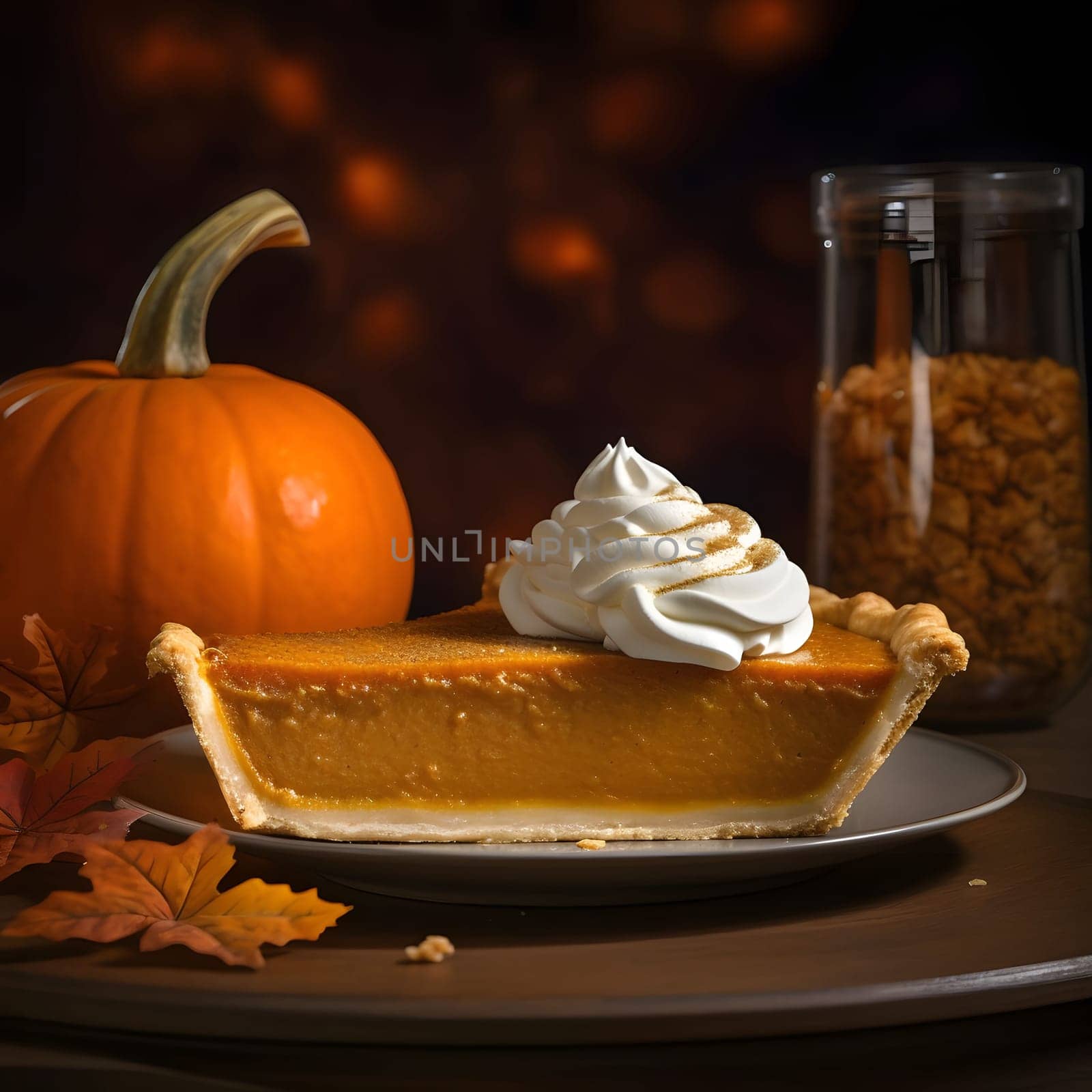 A piece of pumpkin pie with meringue on a plate with honey and pumpkin in the background. Pumpkin as a dish of thanksgiving for the harvest. An atmosphere of joy and celebration.