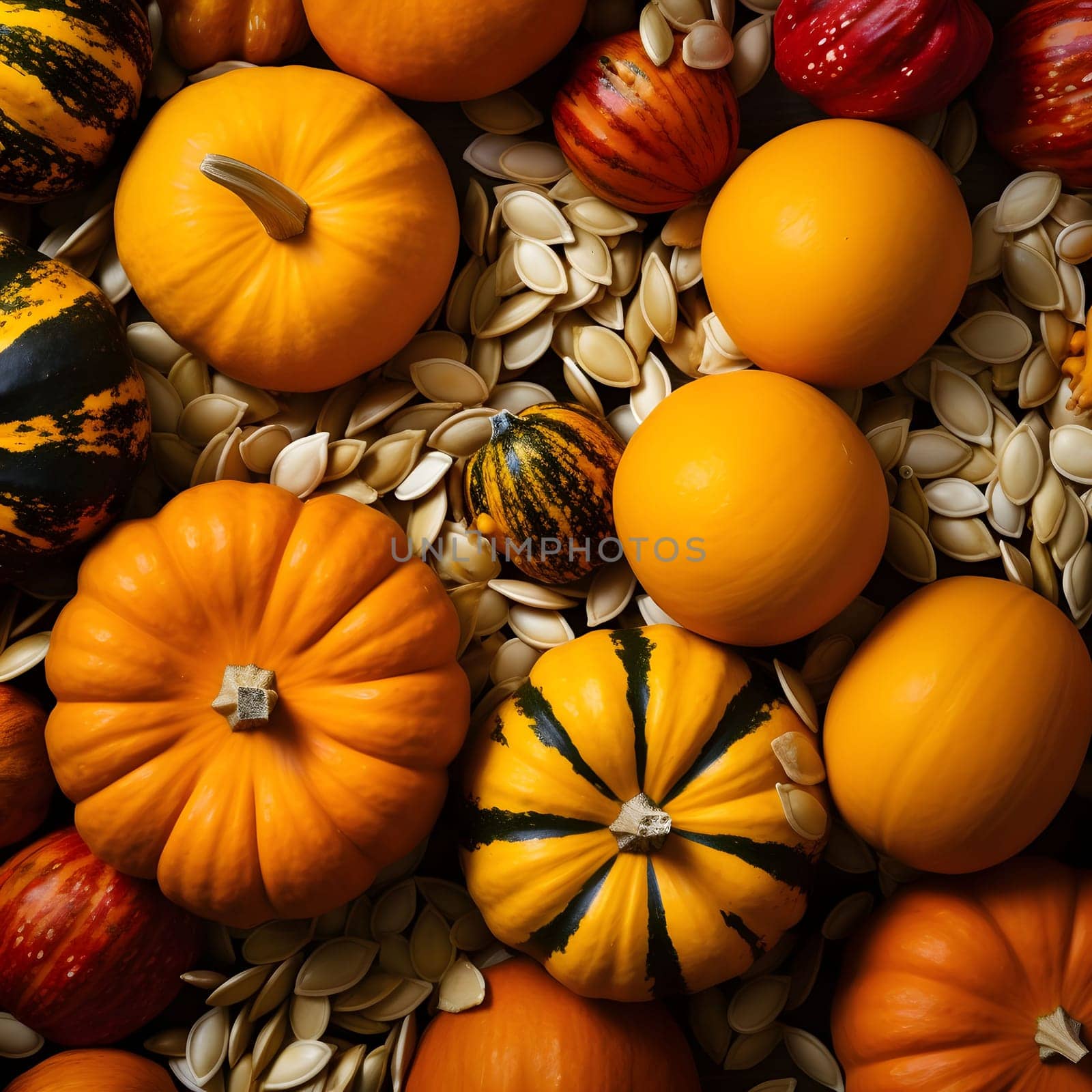 An aerial view of scattered seeds, pumpkins and other fruits and vegetables. Pumpkin as a dish of thanksgiving for the harvest. An atmosphere of joy and celebration.