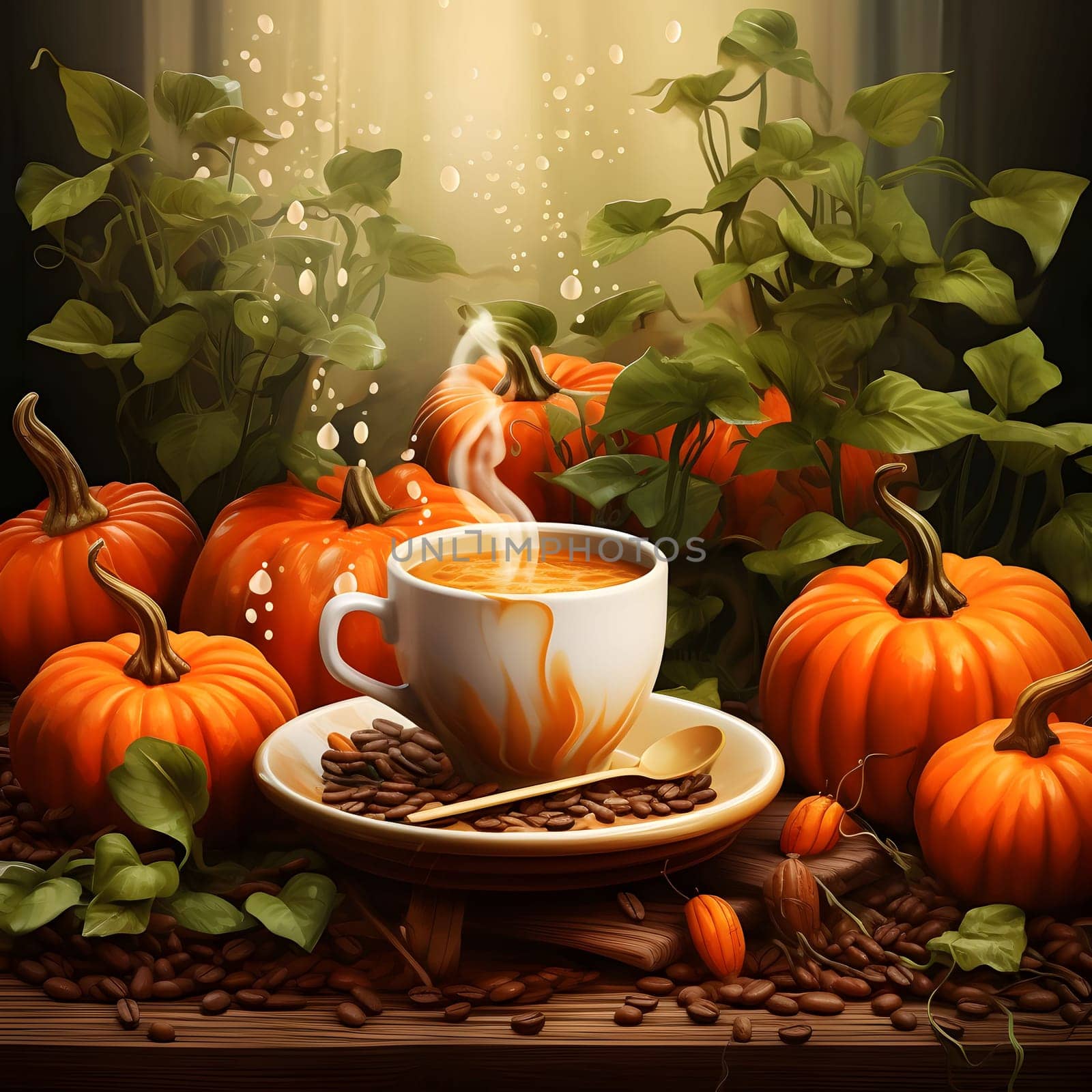 Illustration; a glass of hot pumpkin soup, around seeds, wooden top, leaves and pumpkins. Pumpkin as a dish of thanksgiving for the harvest. An atmosphere of joy and celebration.