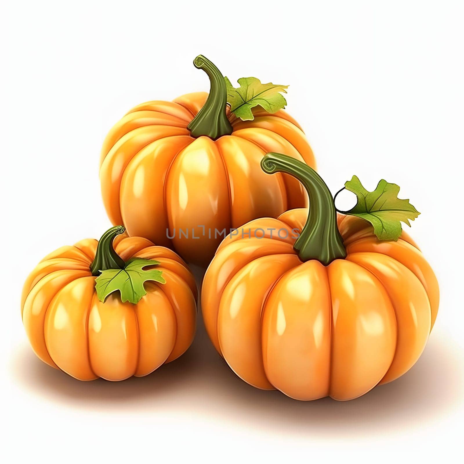 Illustration of three orange 3D pumpkins. Pumpkin as a dish of thanksgiving for the harvest, picture on a white isolated background. Atmosphere of joy and celebration.
