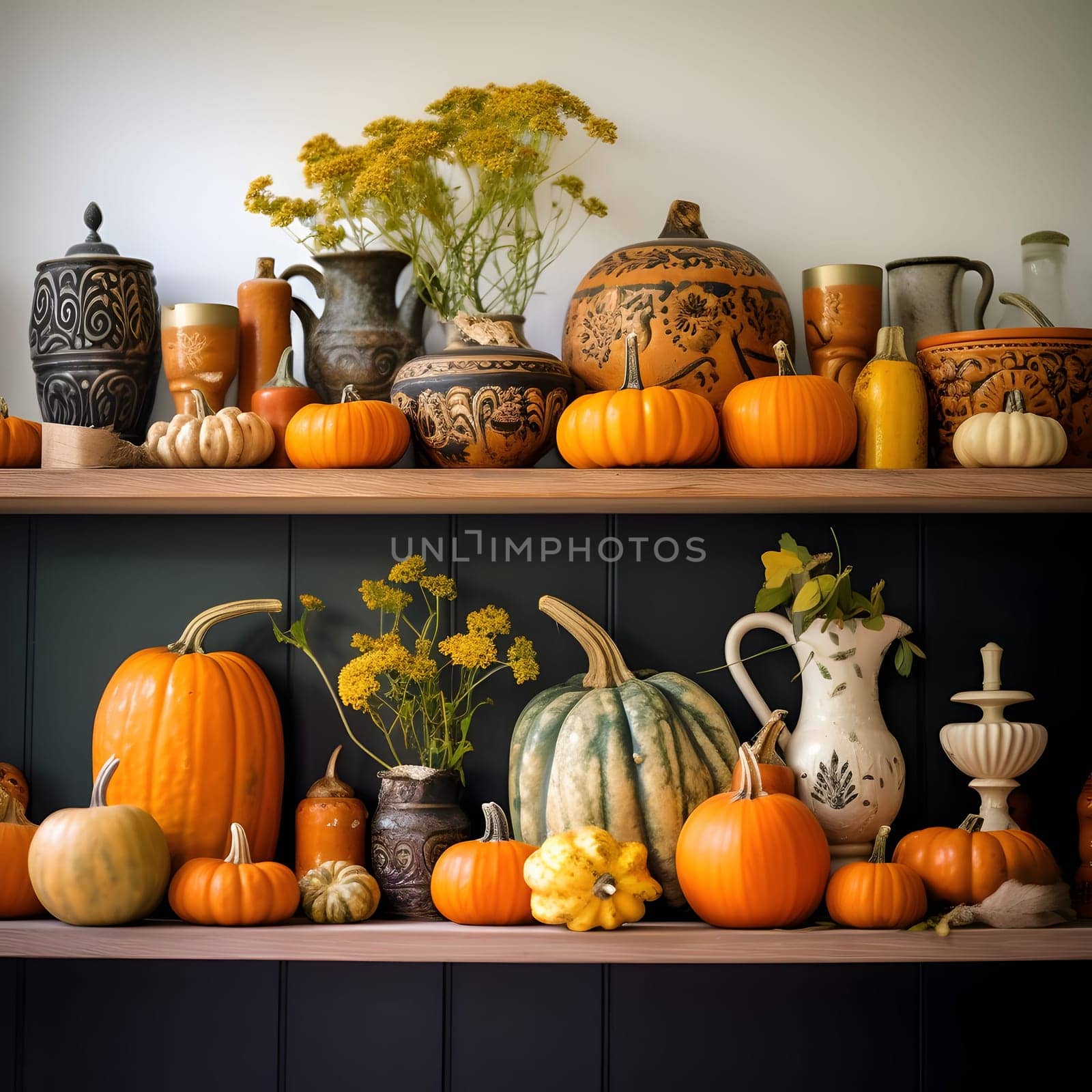 Two shelves in the house, and on them different types, sizes, colors of pumpkins and flowers. Pumpkin as a dish of thanksgiving for the harvest. by ThemesS
