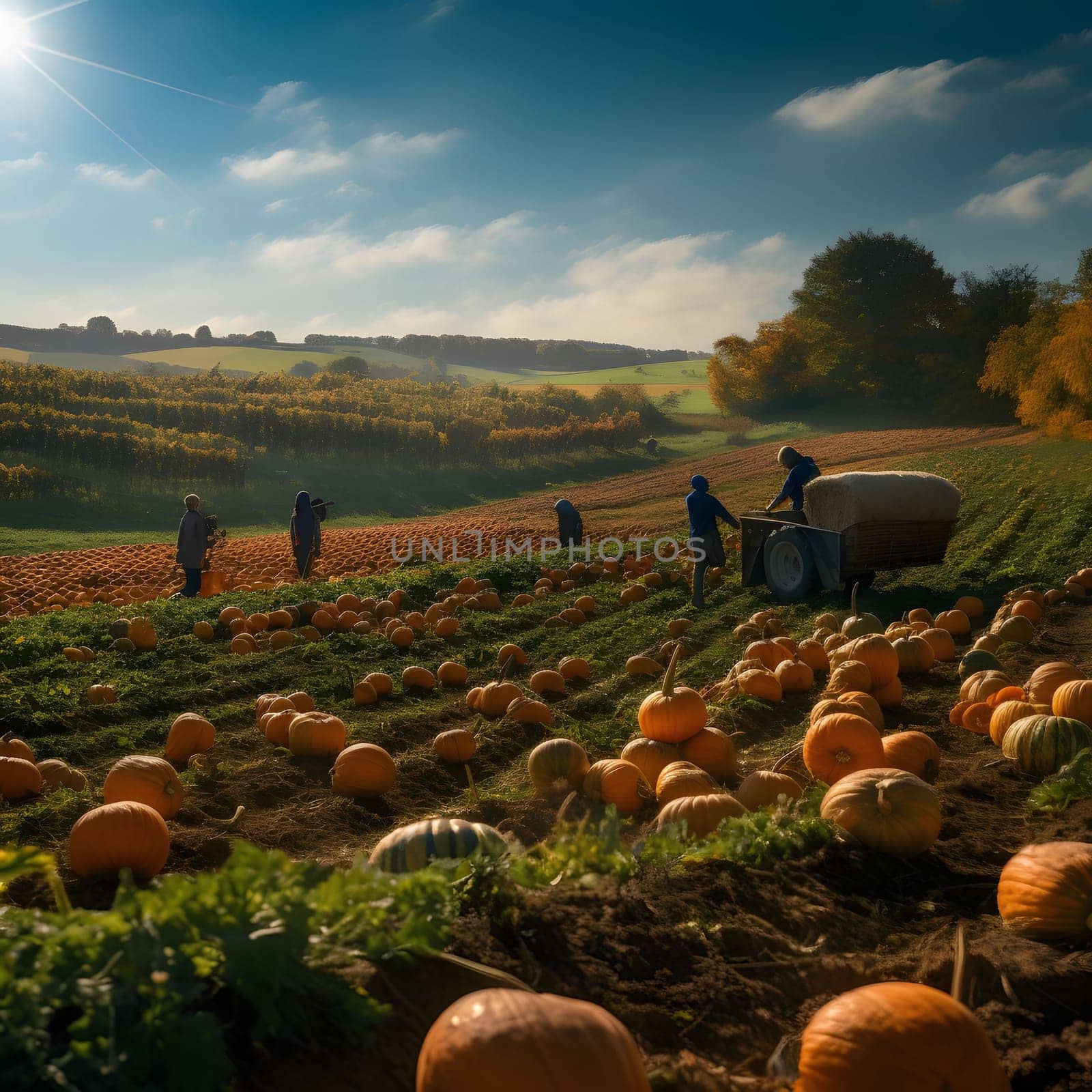 Workers working in a pumpkin field. Day. Pumpkin as a dish of thanksgiving for the harvest. An atmosphere of joy and celebration.