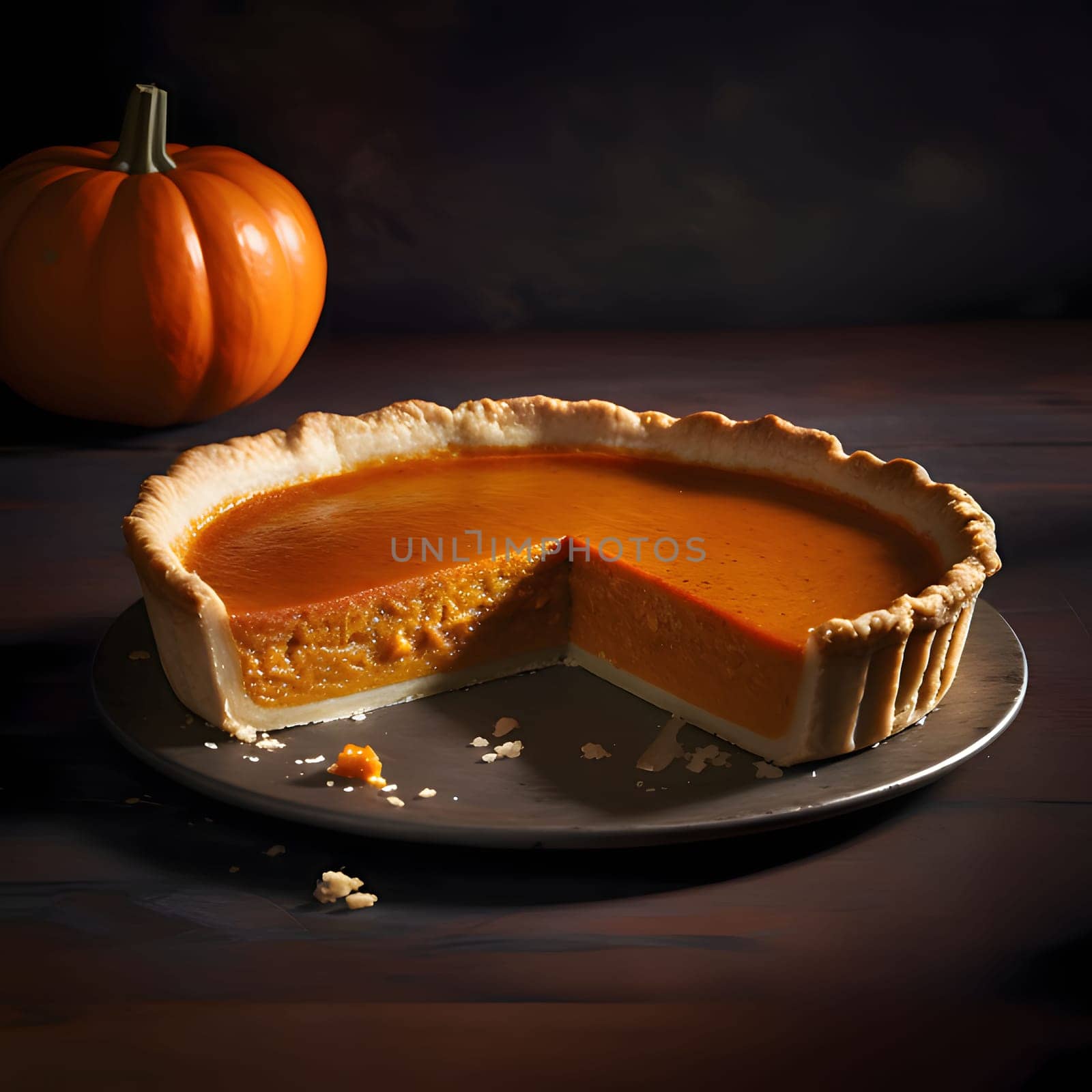 Pumpkin cake on a plate, dark background with pumpkin. Pumpkin as a dish of thanksgiving for the harvest. An atmosphere of joy and celebration.