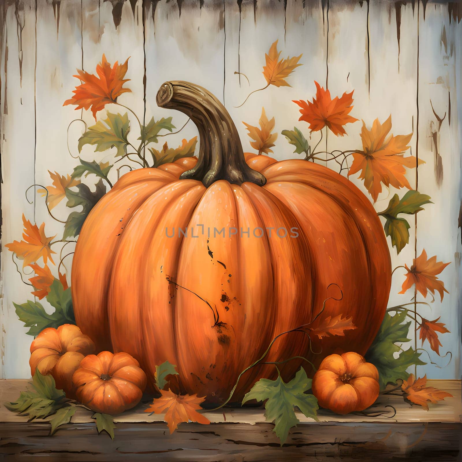 Illustration; large pumpkin with smaller ones, leaves on wooden background. Pumpkin as a dish of thanksgiving for the harvest. An atmosphere of joy and celebration.