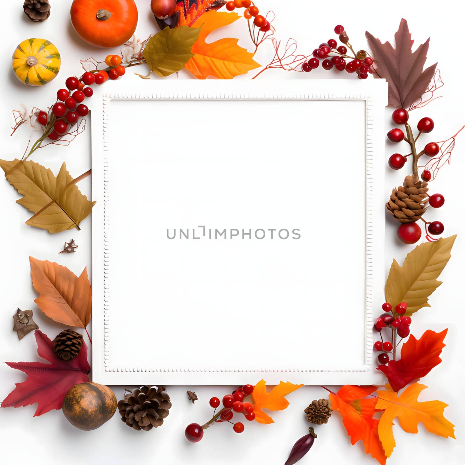 Frame with leaves, harvest and pumpkins on a white background. by ThemesS