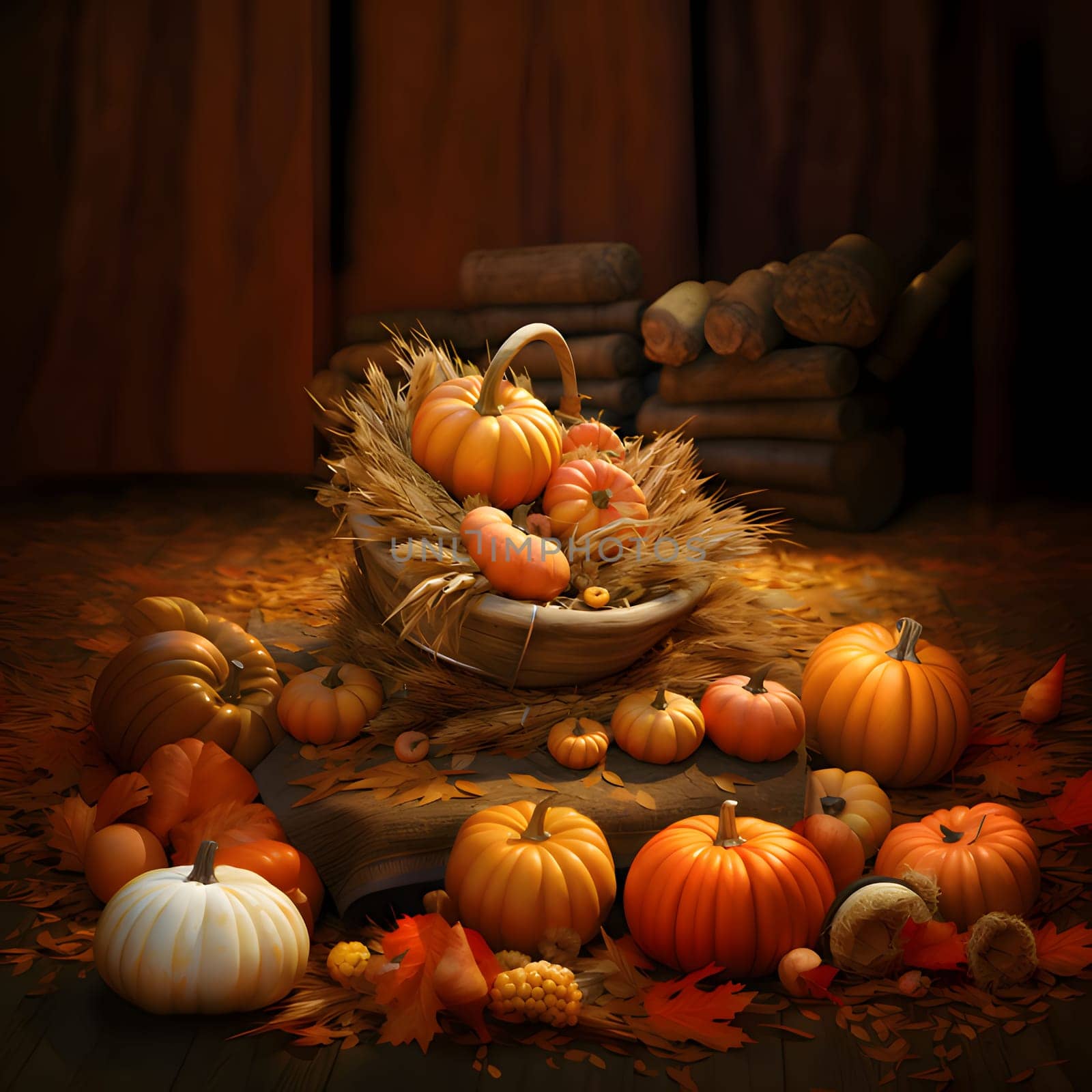 On wooden boards, barn orange pumpkins, autumn scattered leaves, wicker baskets, and in them grain and pumpkins. Pumpkin as a dish of thanksgiving for the harvest. by ThemesS