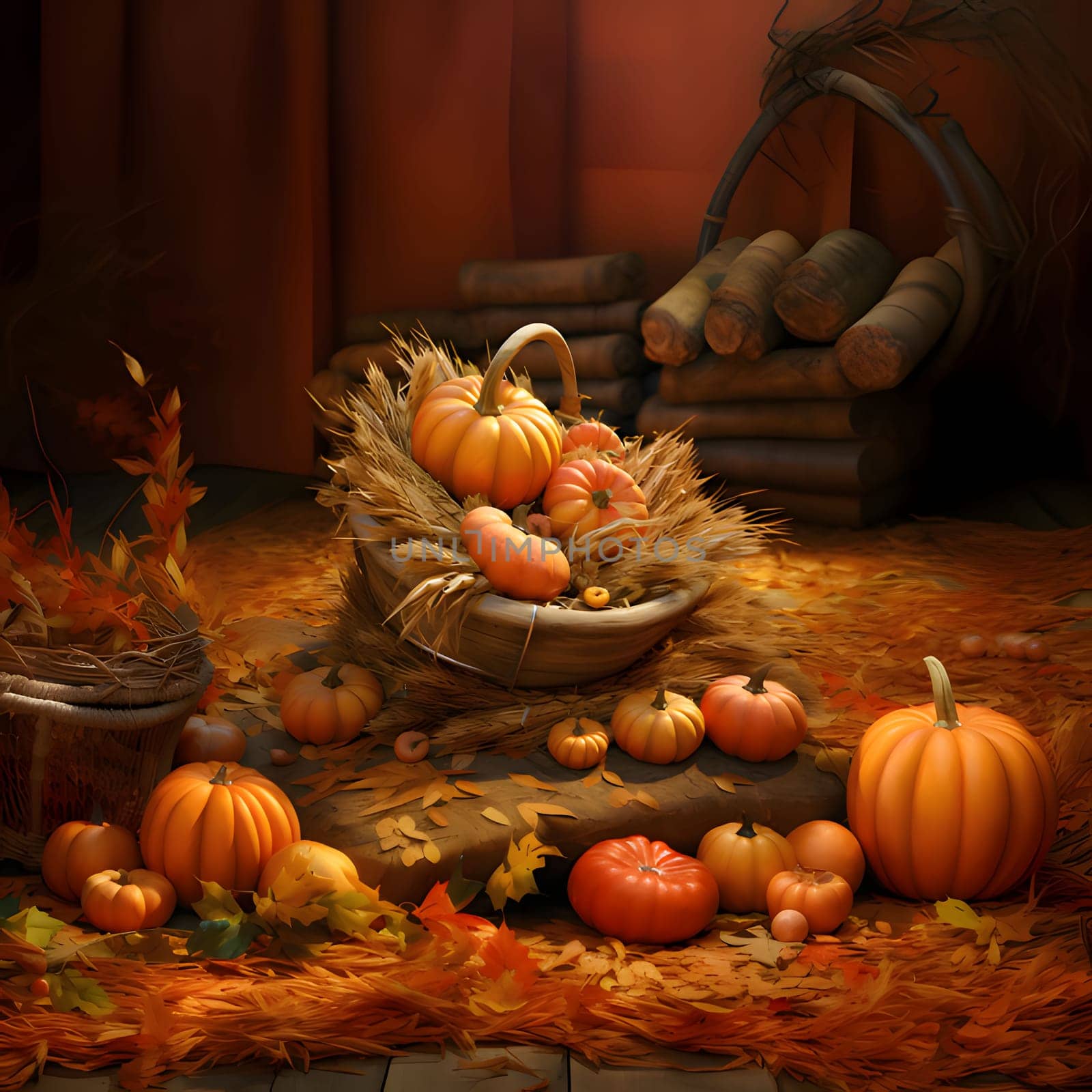 On wooden boards, barn orange pumpkins, autumn scattered leaves, wicker baskets, and in them grain and pumpkins. Pumpkin as a dish of thanksgiving for the harvest. An atmosphere of joy and celebration.