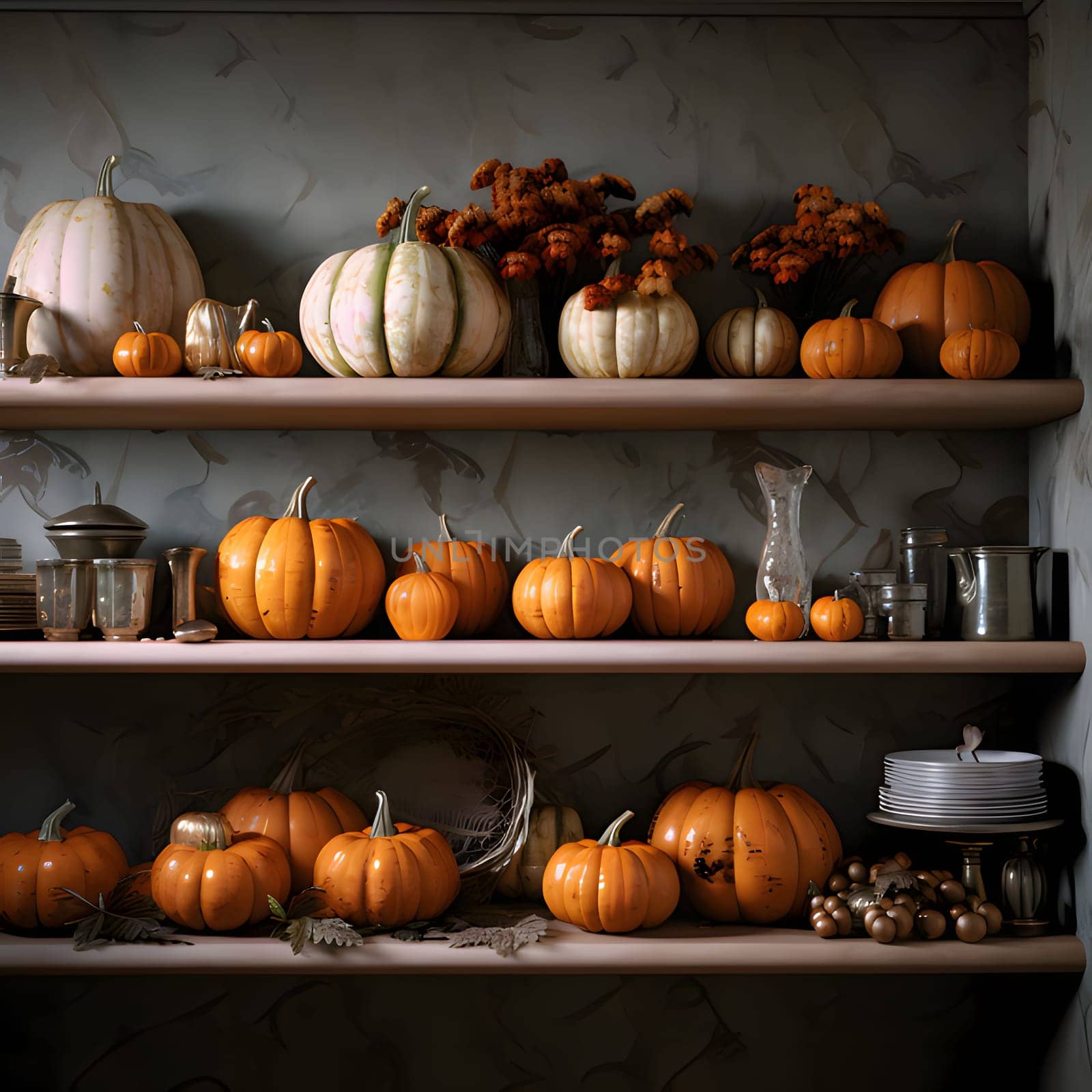 Three shelves in the house, and on them different types, sizes, colors of pumpkins and flowers. Pumpkin as a dish of thanksgiving for the harvest. An atmosphere of joy and celebration.