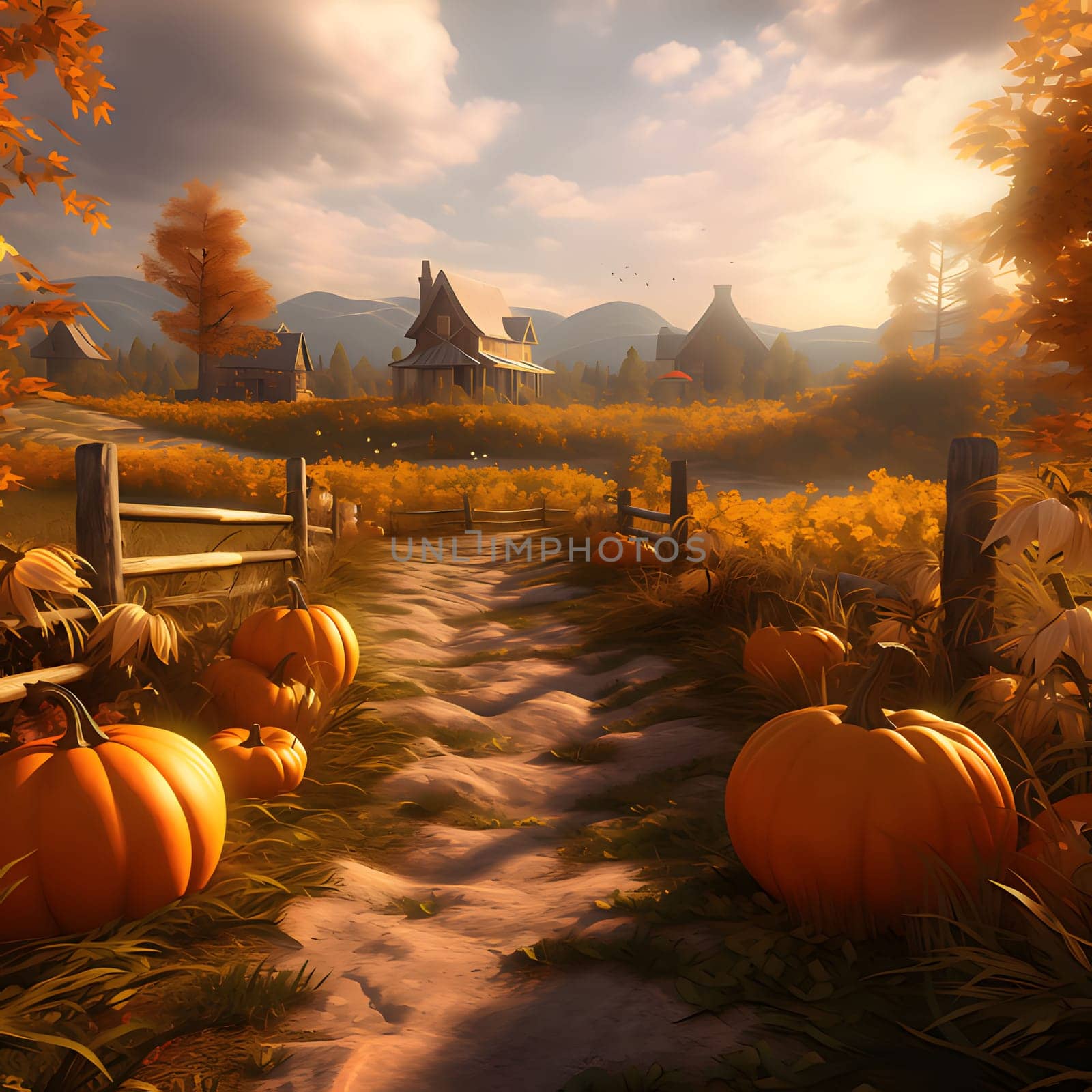 Path to the pumpkin field, with farms in the background. Pumpkin as a dish of thanksgiving for the harvest. by ThemesS